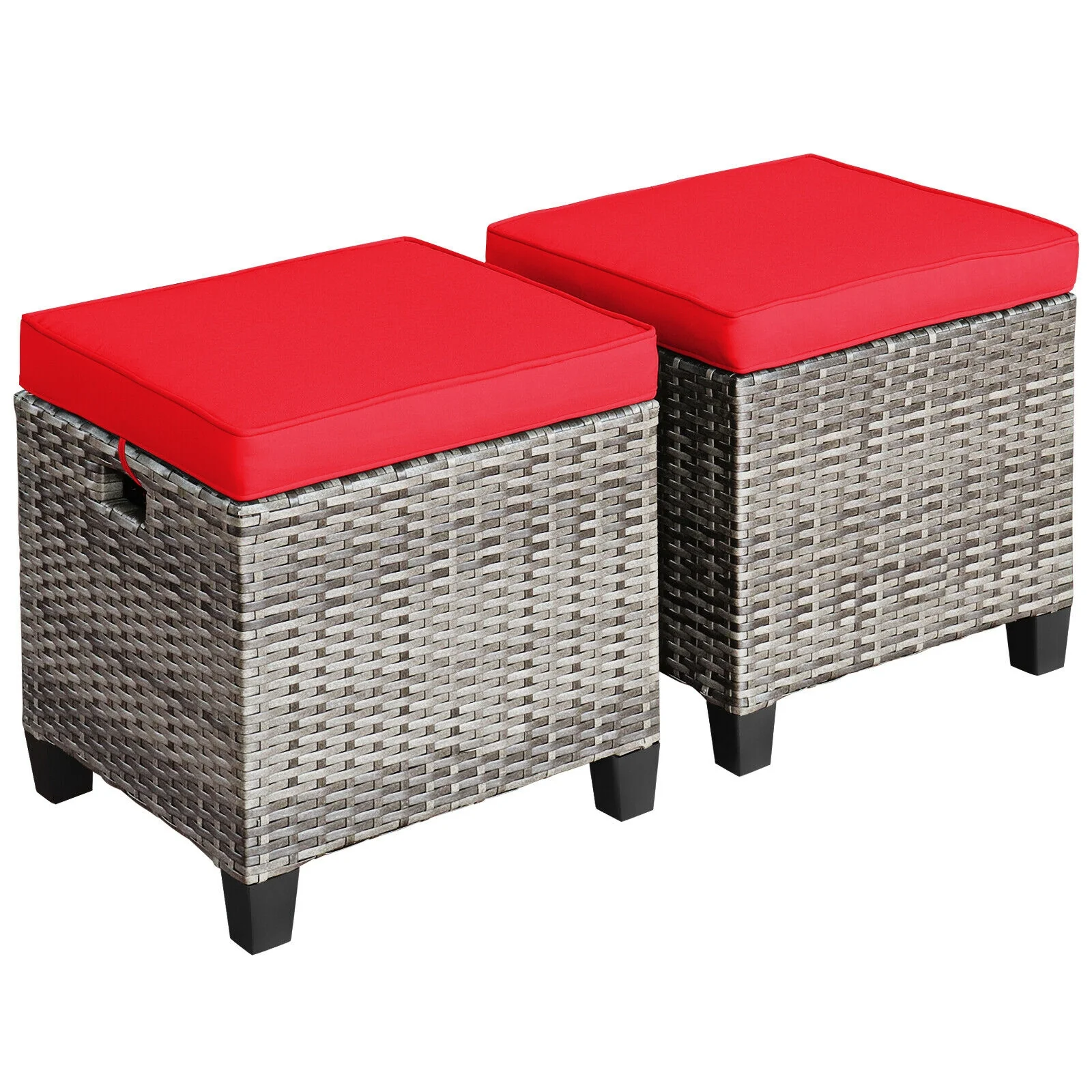 Patio Rattan Ottoman Seat, 2PCS, Removable Cushions, Red - Image 10
