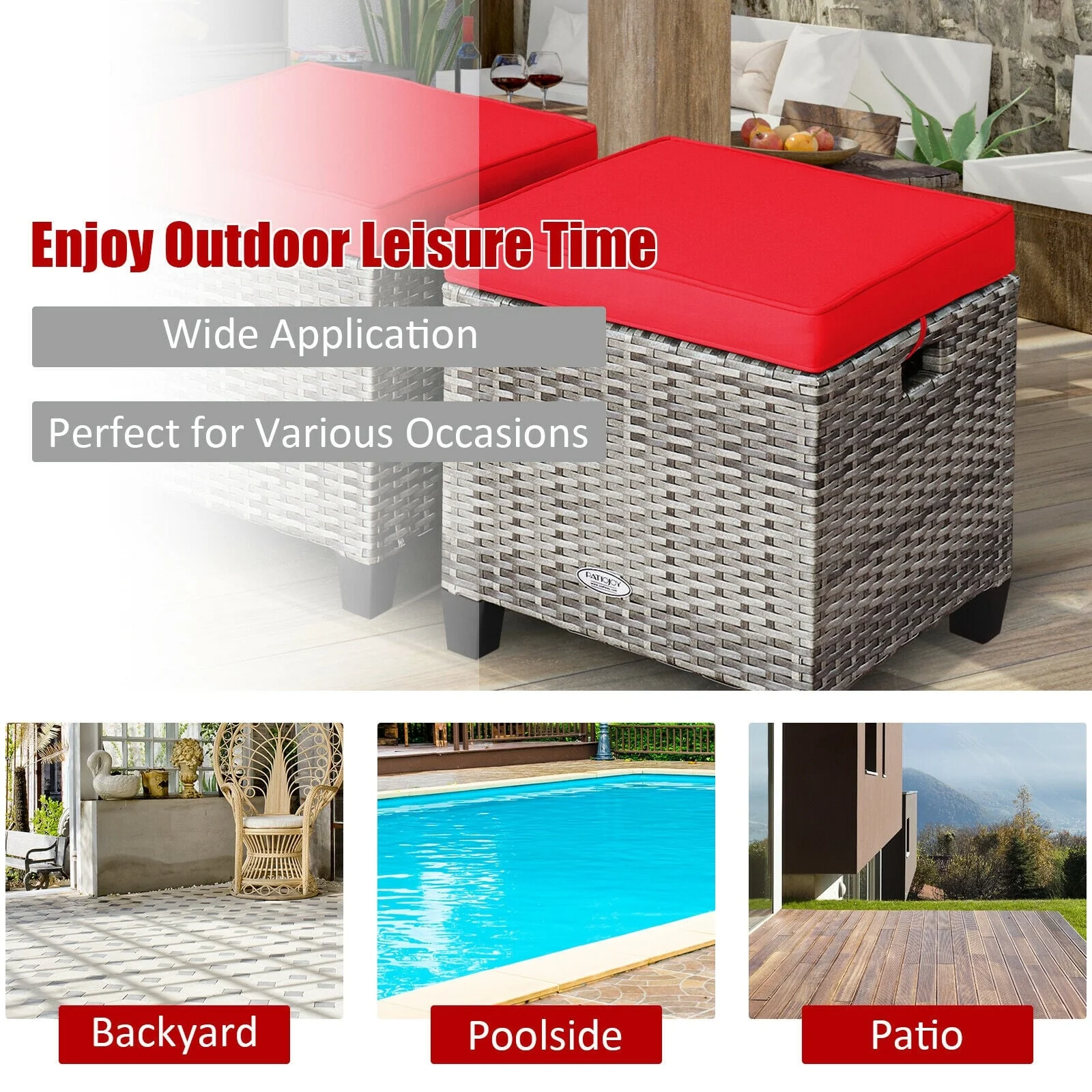 Patio Rattan Ottoman Seat, 2PCS, Removable Cushions, Red - Image 3
