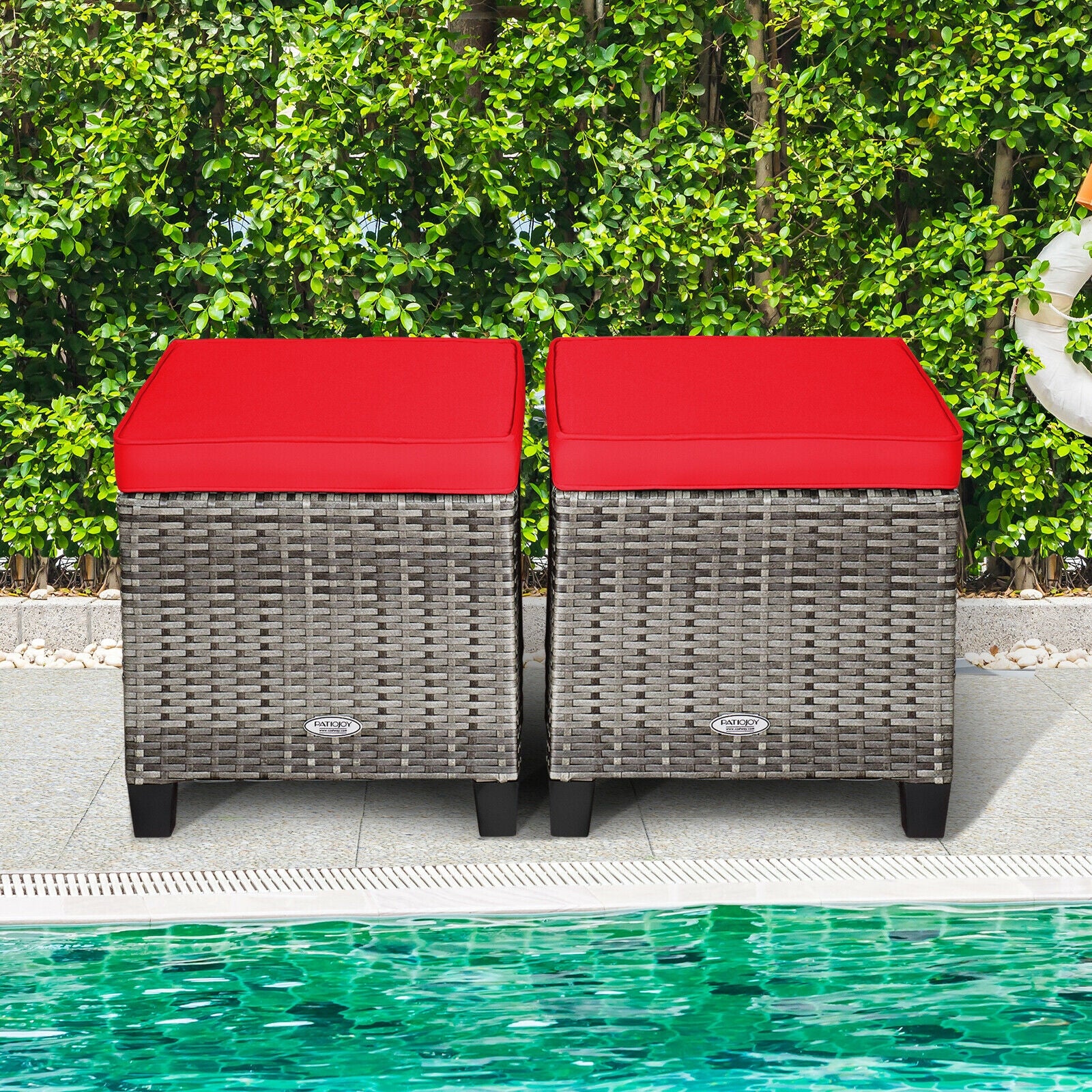 Patio Rattan Ottoman Seat, 2PCS, Removable Cushions, Red - Image 7