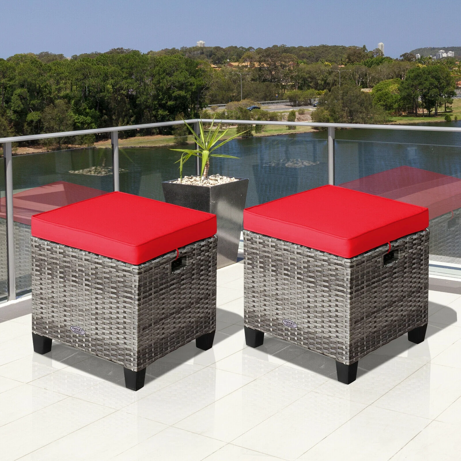 Patio Rattan Ottoman Seat, 2PCS, Removable Cushions, Red - Image 8