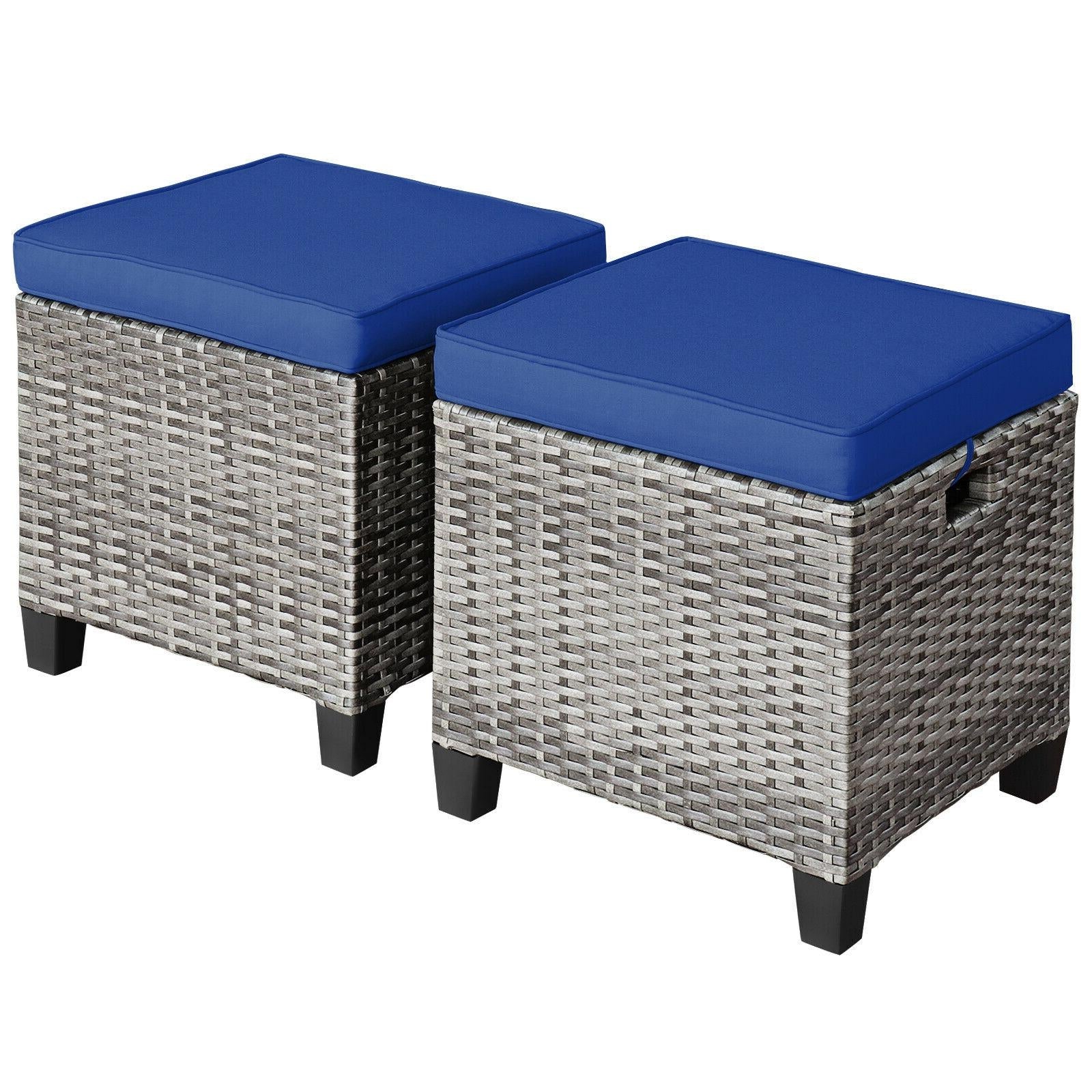 Patio Rattan Ottoman Seat, Removable Cushions, Navy