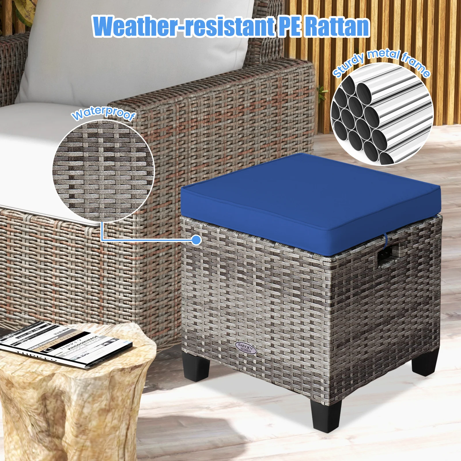 Patio Rattan Ottoman Seat, Removable Cushions, Navy - Image 10