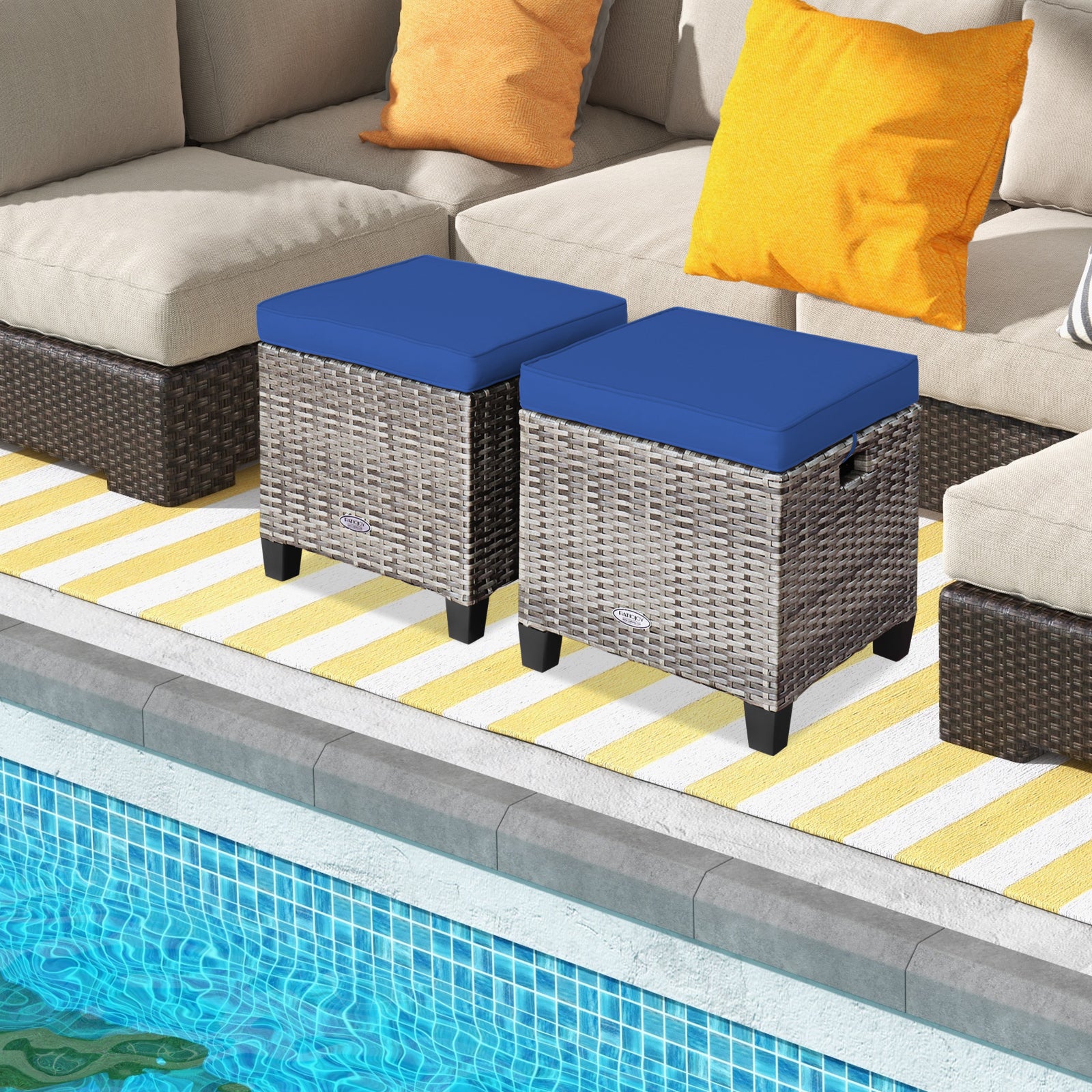 Patio Rattan Ottoman Seat, Removable Cushions, Navy - Image 3
