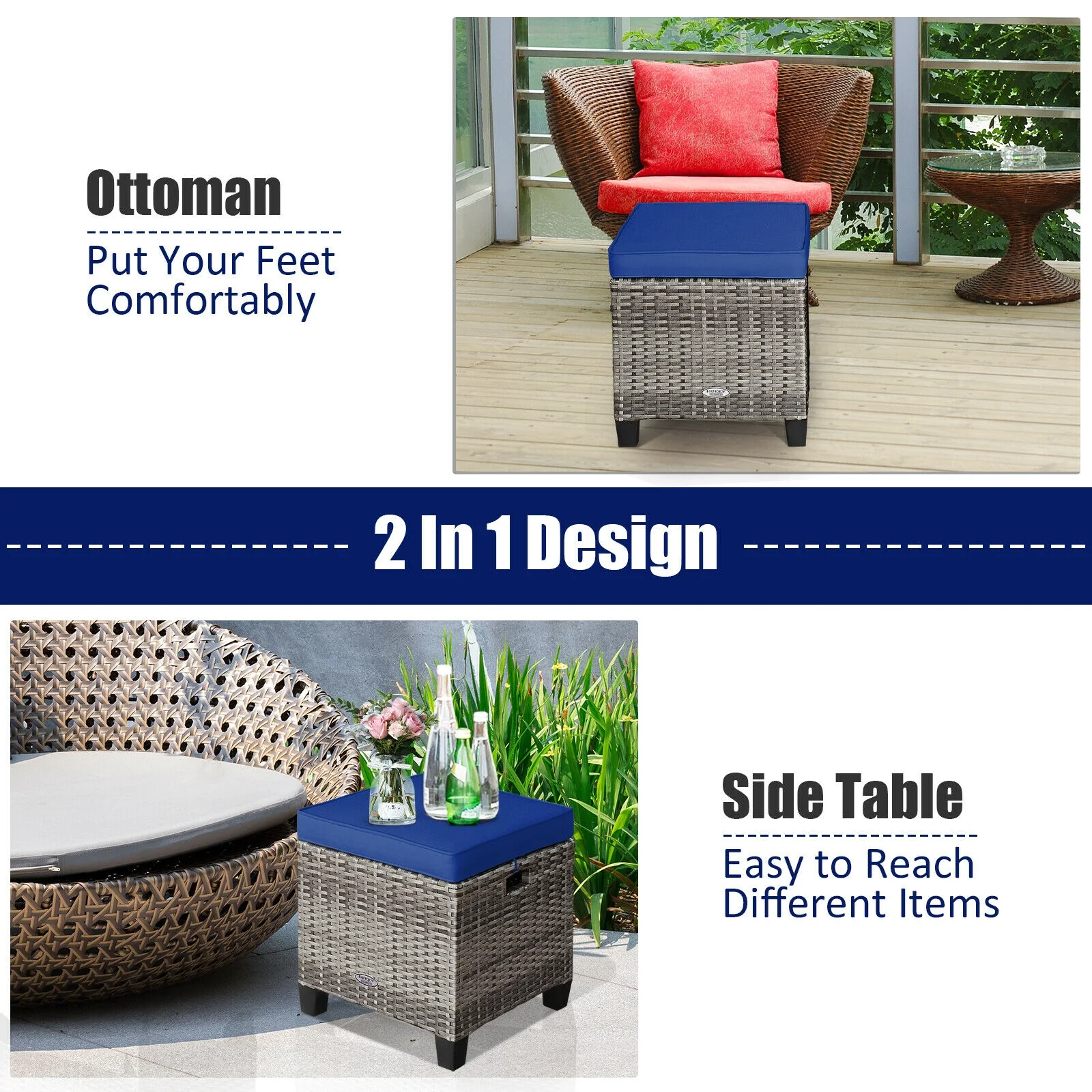 Patio Rattan Ottoman Seat, Removable Cushions, Navy - Image 7