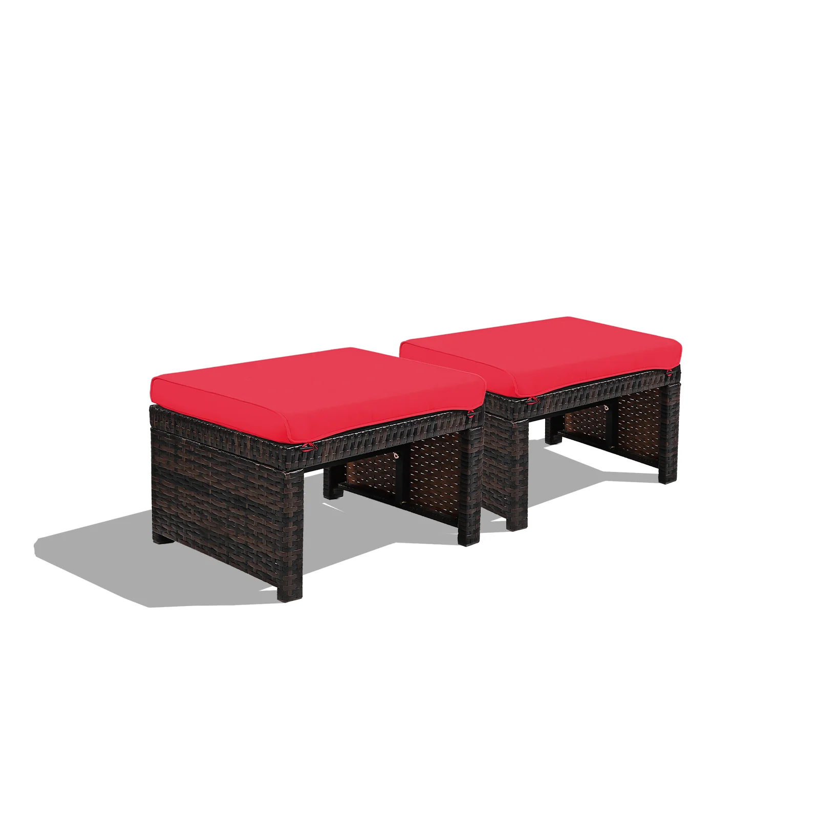 Patio Rattan Ottoman, Soft Cushion, 2 Pieces, Red
