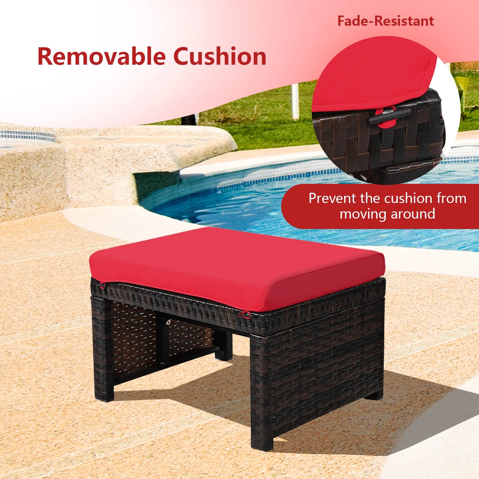 Patio Rattan Ottoman, Soft Cushion, 2 Pieces, Red - Image 10