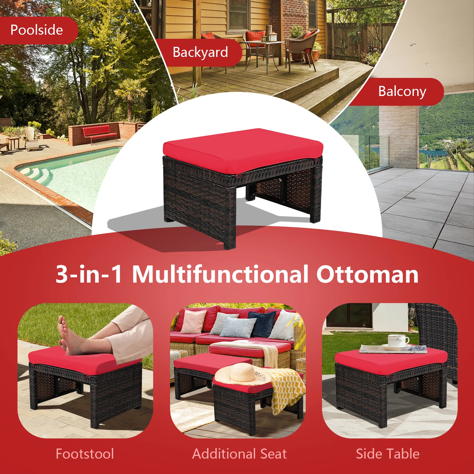 Patio Rattan Ottoman, Soft Cushion, 2 Pieces, Red - Image 3