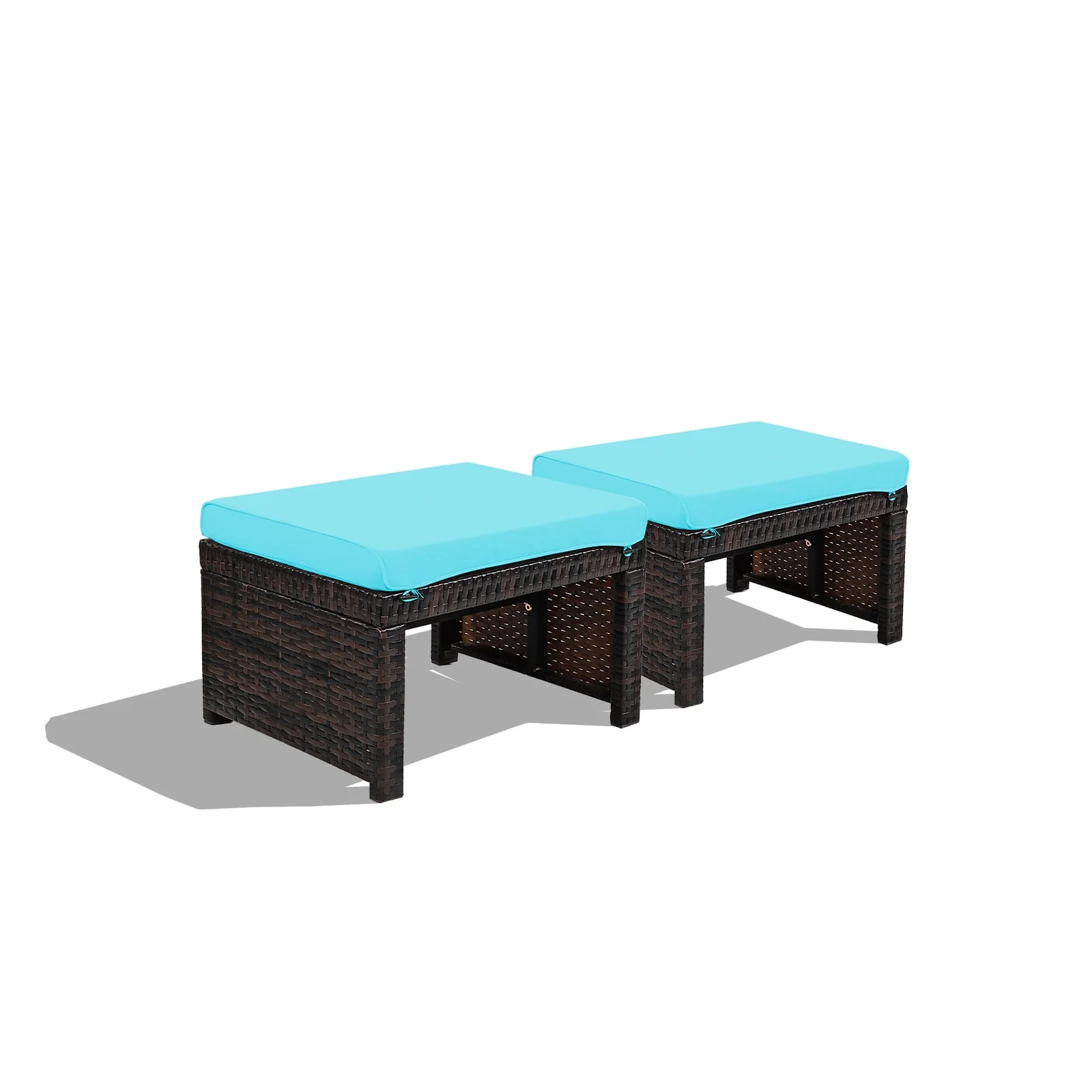 Patio Rattan Ottomans With Soft Cushion, 2 Pieces, Turquoise