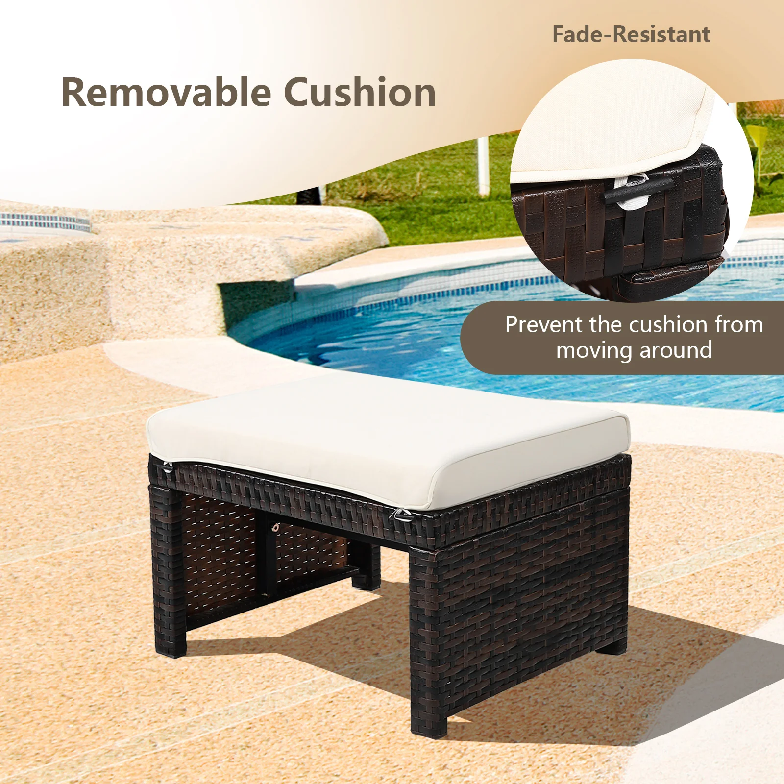 Patio Rattan Ottomans With Soft Cushion, 2 Pieces, White - Image 10