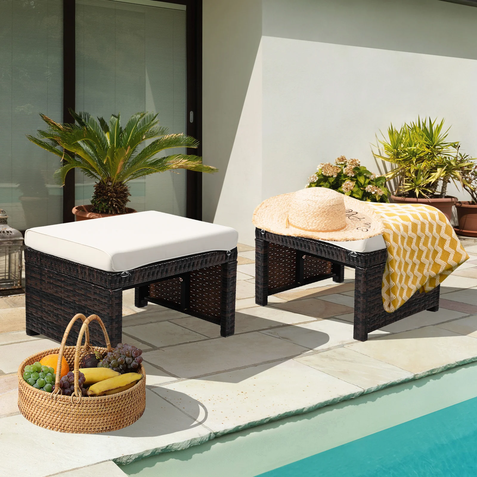 Patio Rattan Ottomans With Soft Cushion, 2 Pieces, White - Image 2