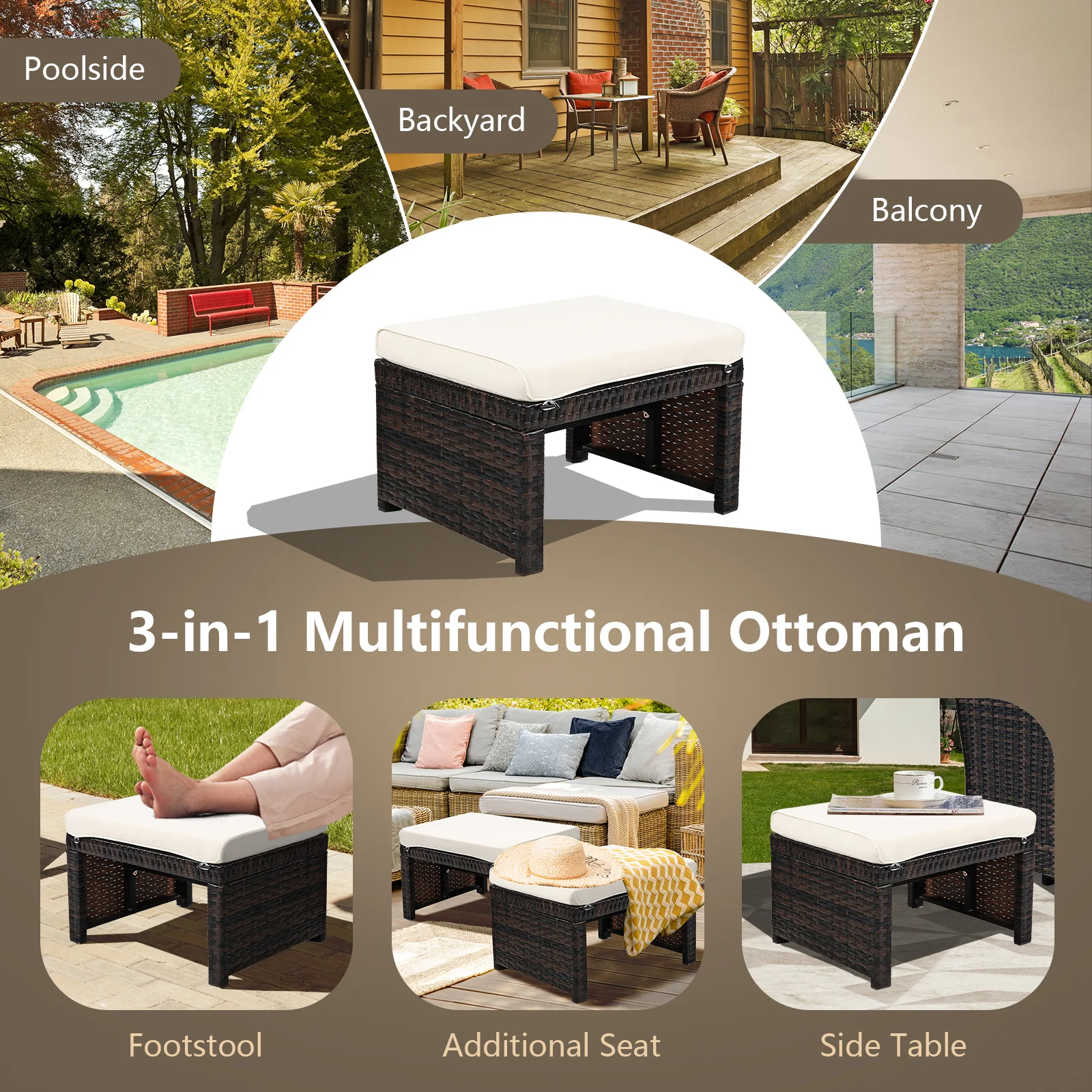 Patio Rattan Ottomans With Soft Cushion, 2 Pieces, White - Image 3