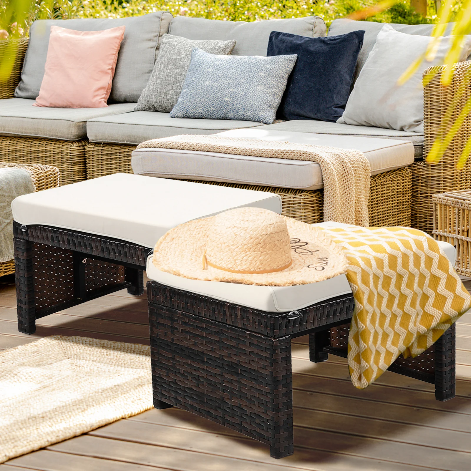 Patio Rattan Ottomans With Soft Cushion, 2 Pieces, White - Image 7