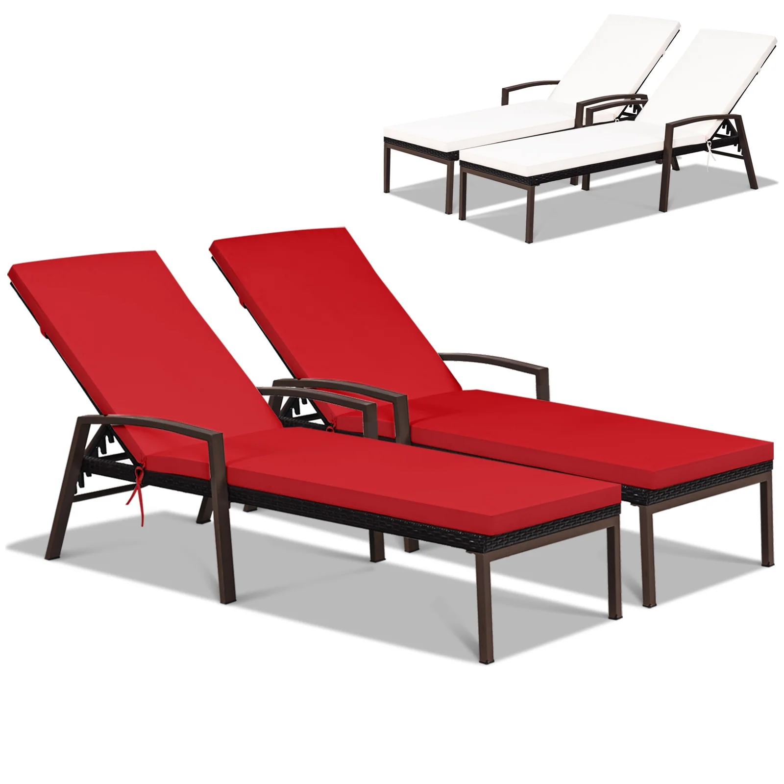 Patio Rattan Reclining Chaise Lounge Chair, 2 Pieces, & White, Red
