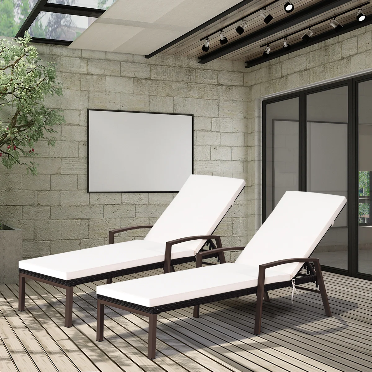 Patio Rattan Reclining Chaise Lounge Chair, 2 Pieces, & White, Red - Image 6