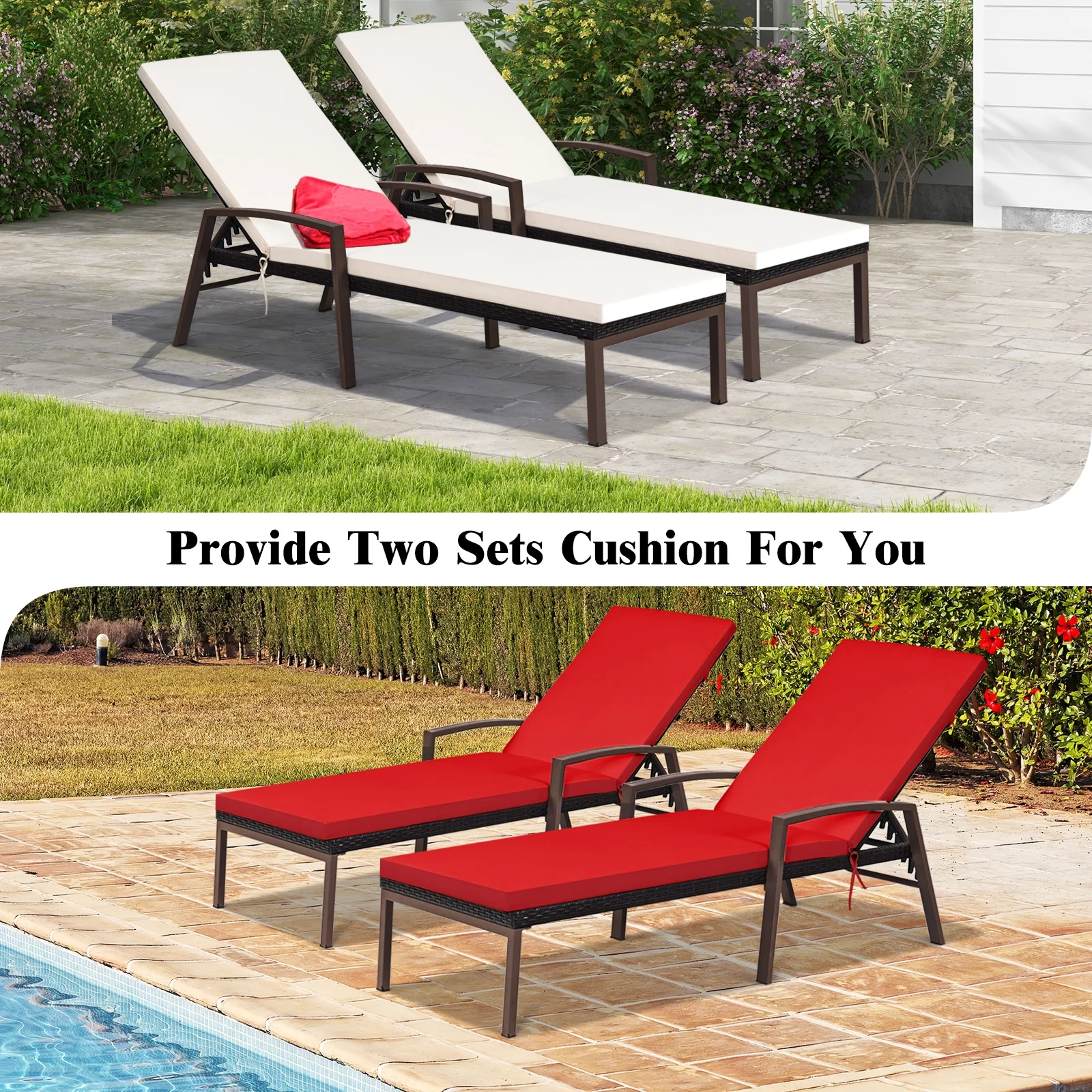 Patio Rattan Reclining Chaise Lounge Chair, 2 Pieces, & White, Red - Image 8