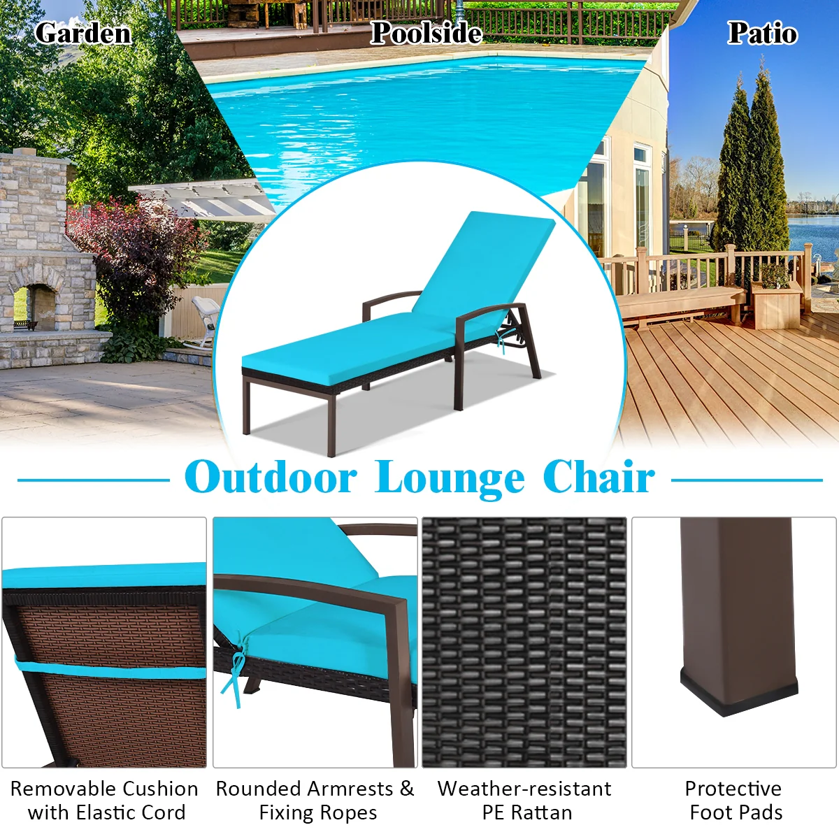 Patio Rattan Reclining Chaise Lounge Chair, Turquoise and White, Beige &, Turquoise - Image 10