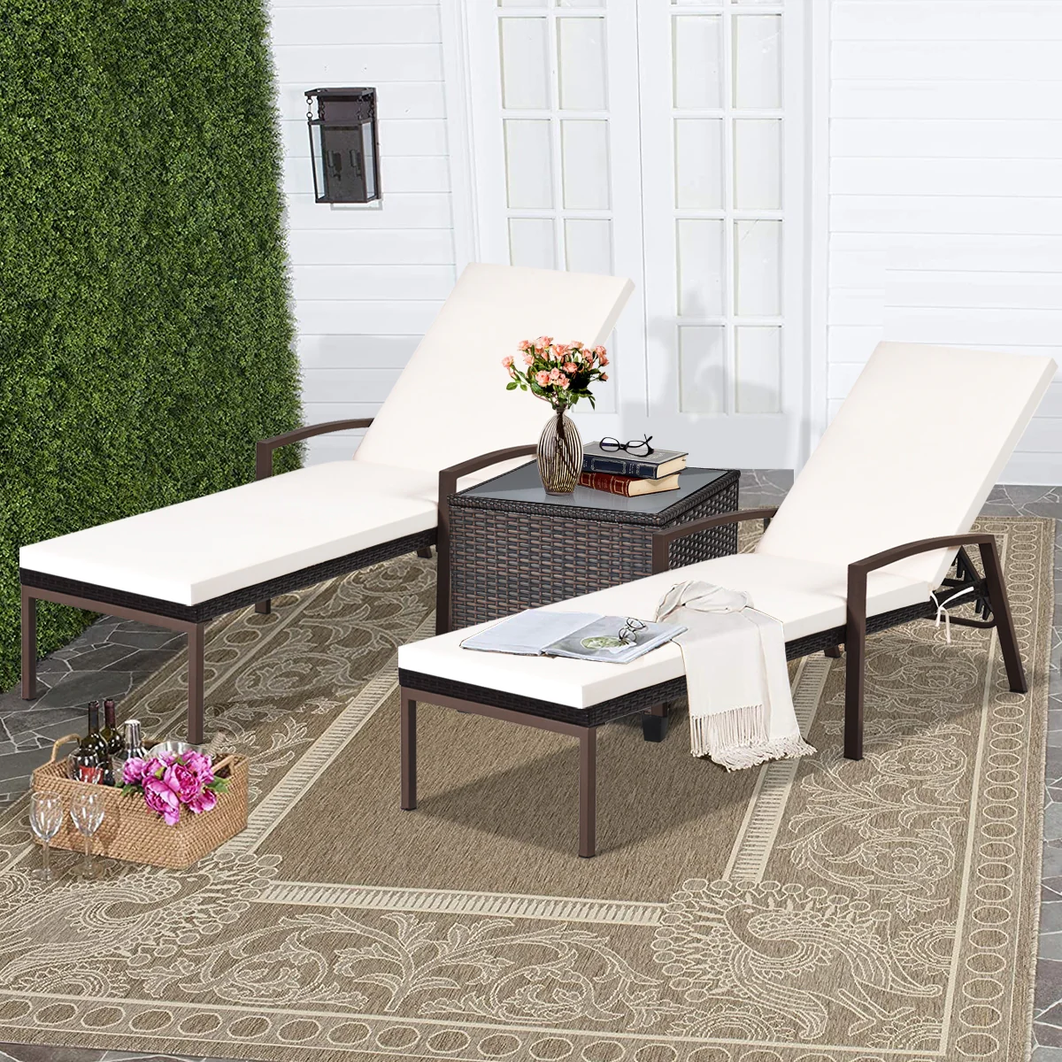 Patio Rattan Reclining Chaise Lounge Chair, Turquoise and White, Beige &, Turquoise - Image 2