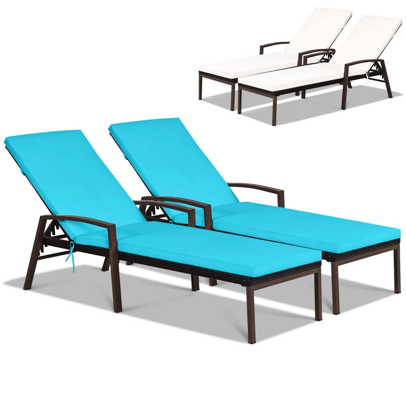 Patio Rattan Reclining Chaise Lounge Chair, Turquoise and White, Beige &, Turquoise - Image 4