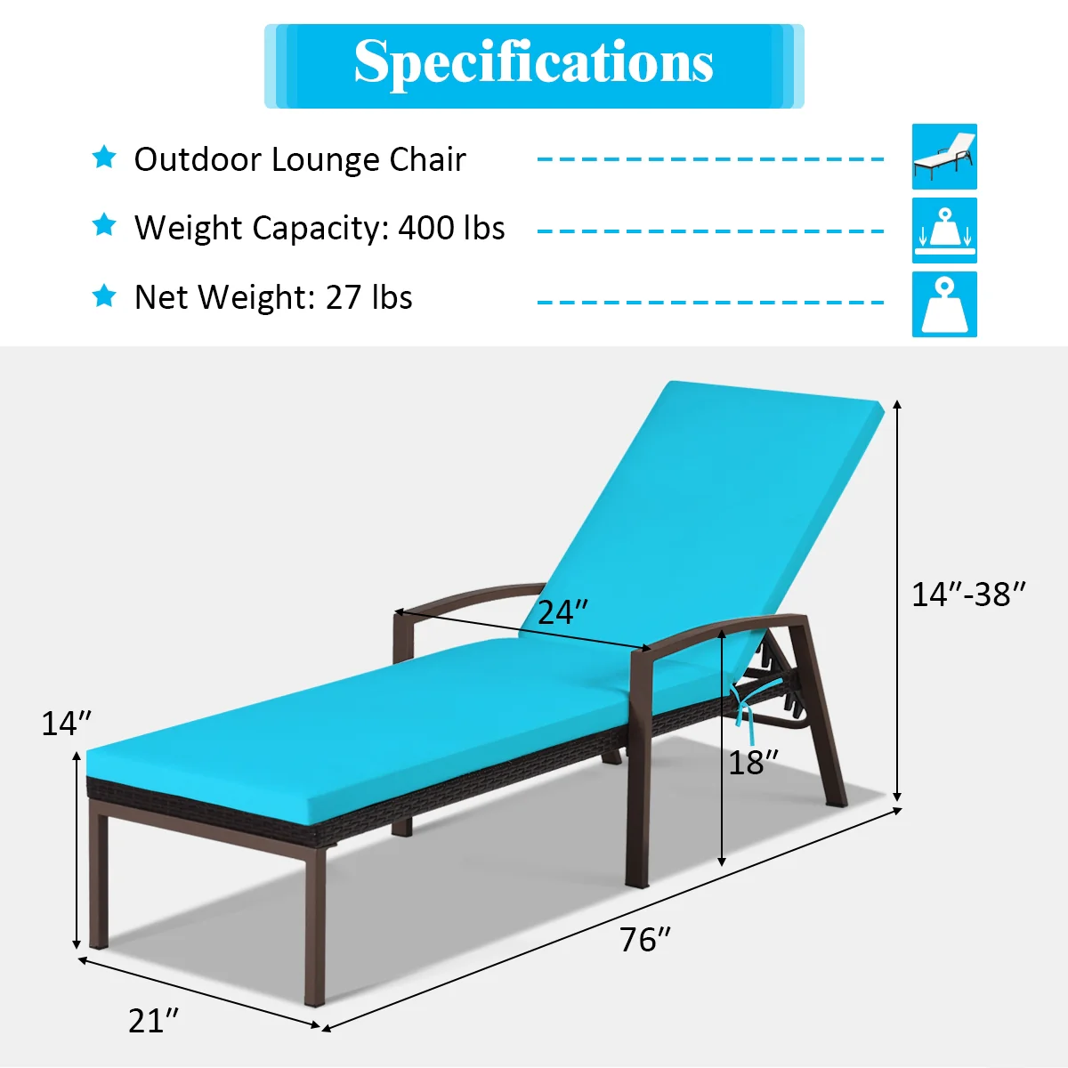 Patio Rattan Reclining Chaise Lounge Chair, Turquoise and White, Beige &, Turquoise - Image 5