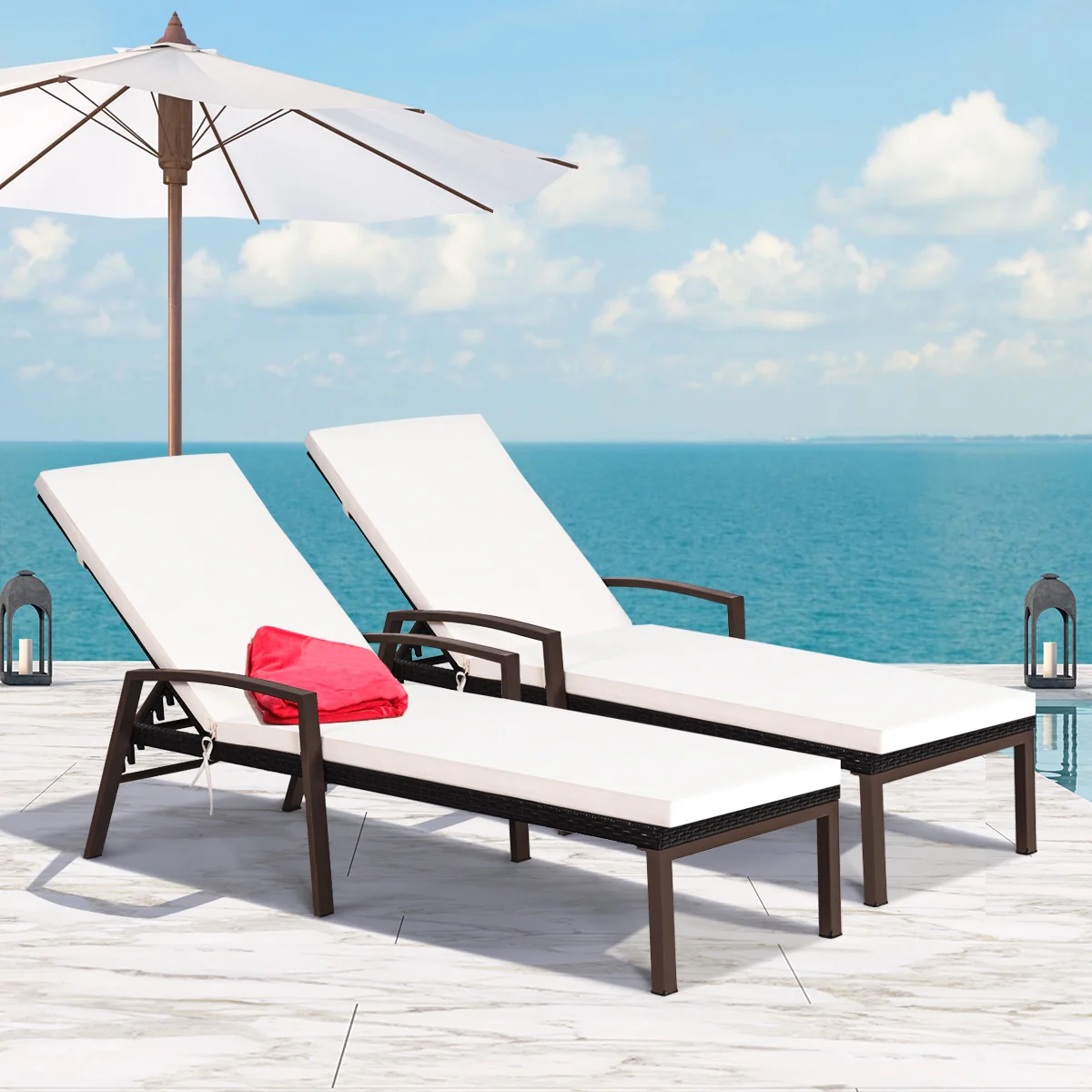 Patio Rattan Reclining Chaise Lounge Chair, Turquoise and White, Beige &, Turquoise - Image 6