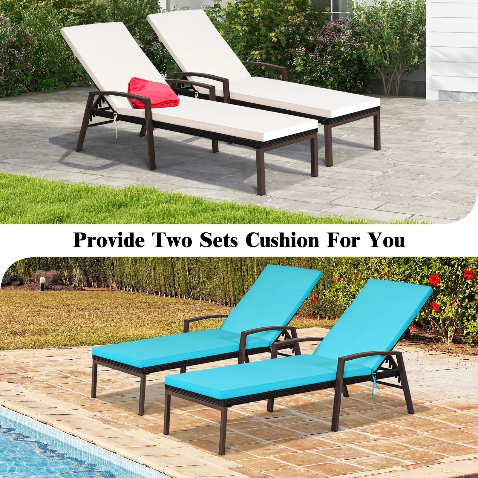 Patio Rattan Reclining Chaise Lounge Chair, Turquoise and White, Beige &, Turquoise - Image 8