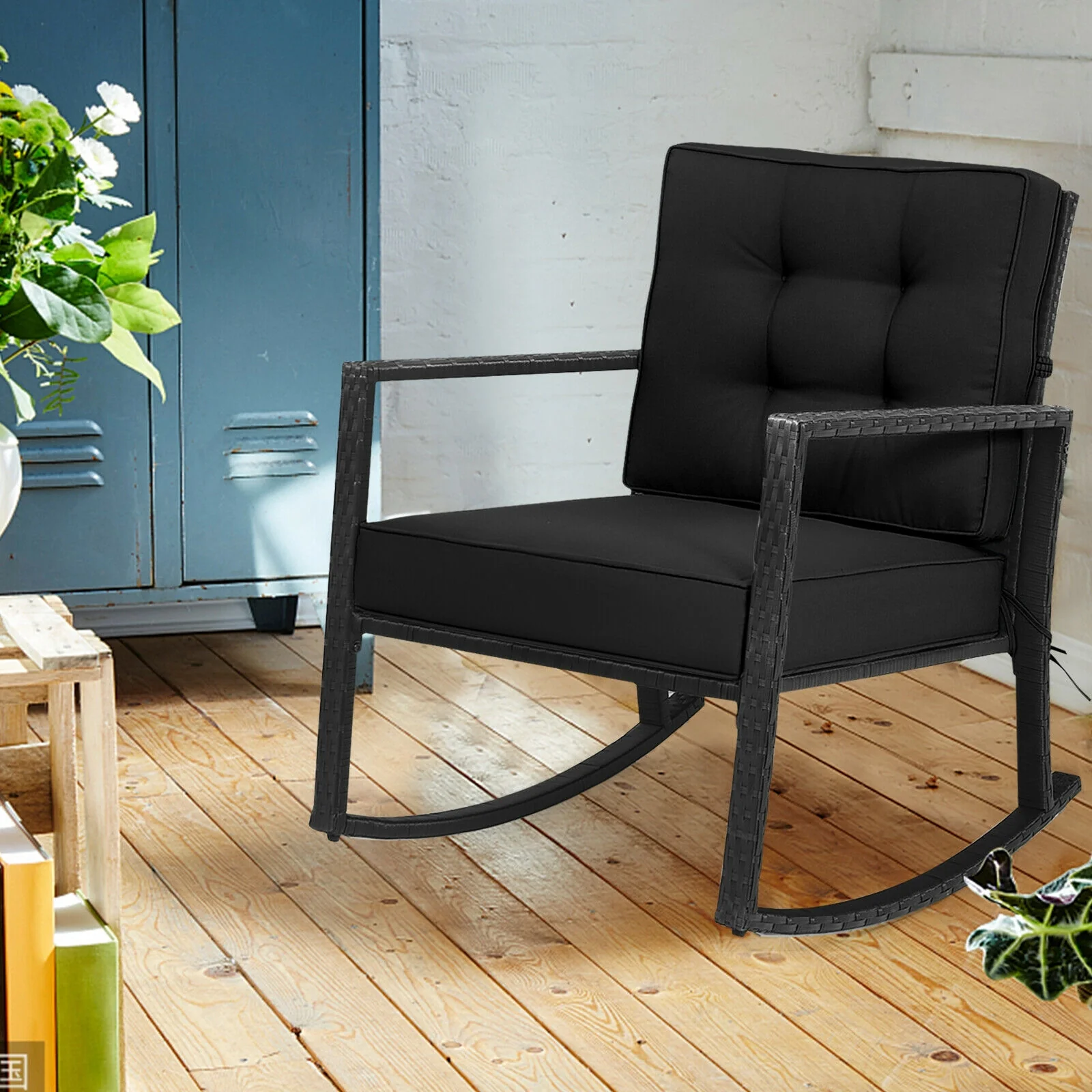 Patio Rattan Rocker Glider Chair, Black - Image 7