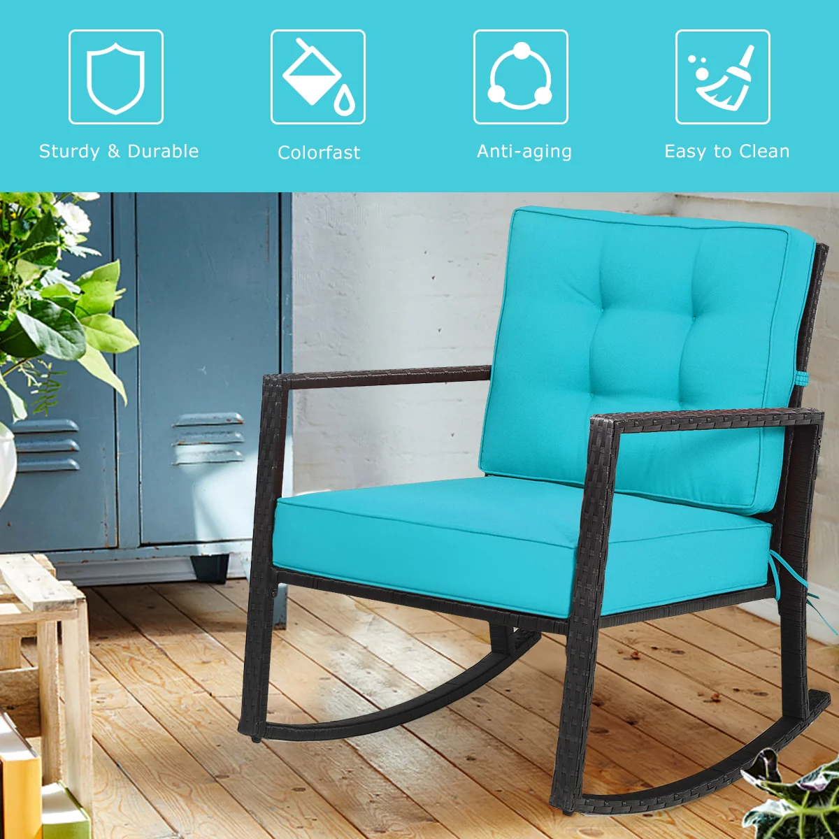 Patio Rattan Rocker Glider Chair, Turquoise - Image 4