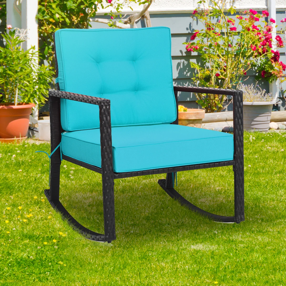 Patio Rattan Rocker Glider Chair, Turquoise - Image 8