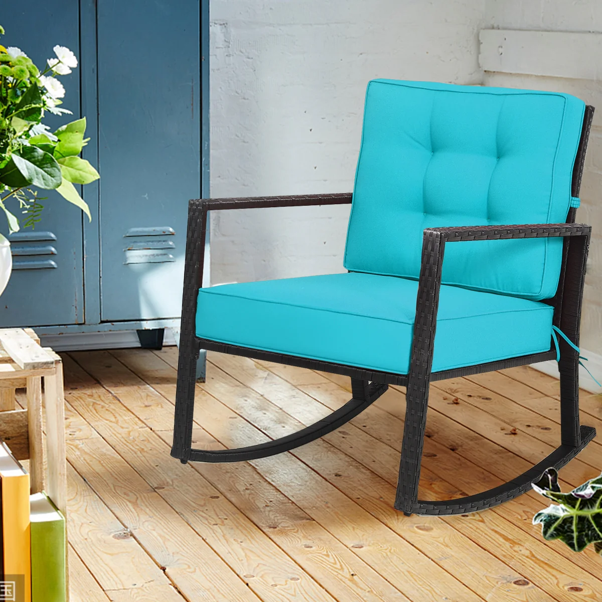 Patio Rattan Rocker Glider Chair, Turquoise - Image 9