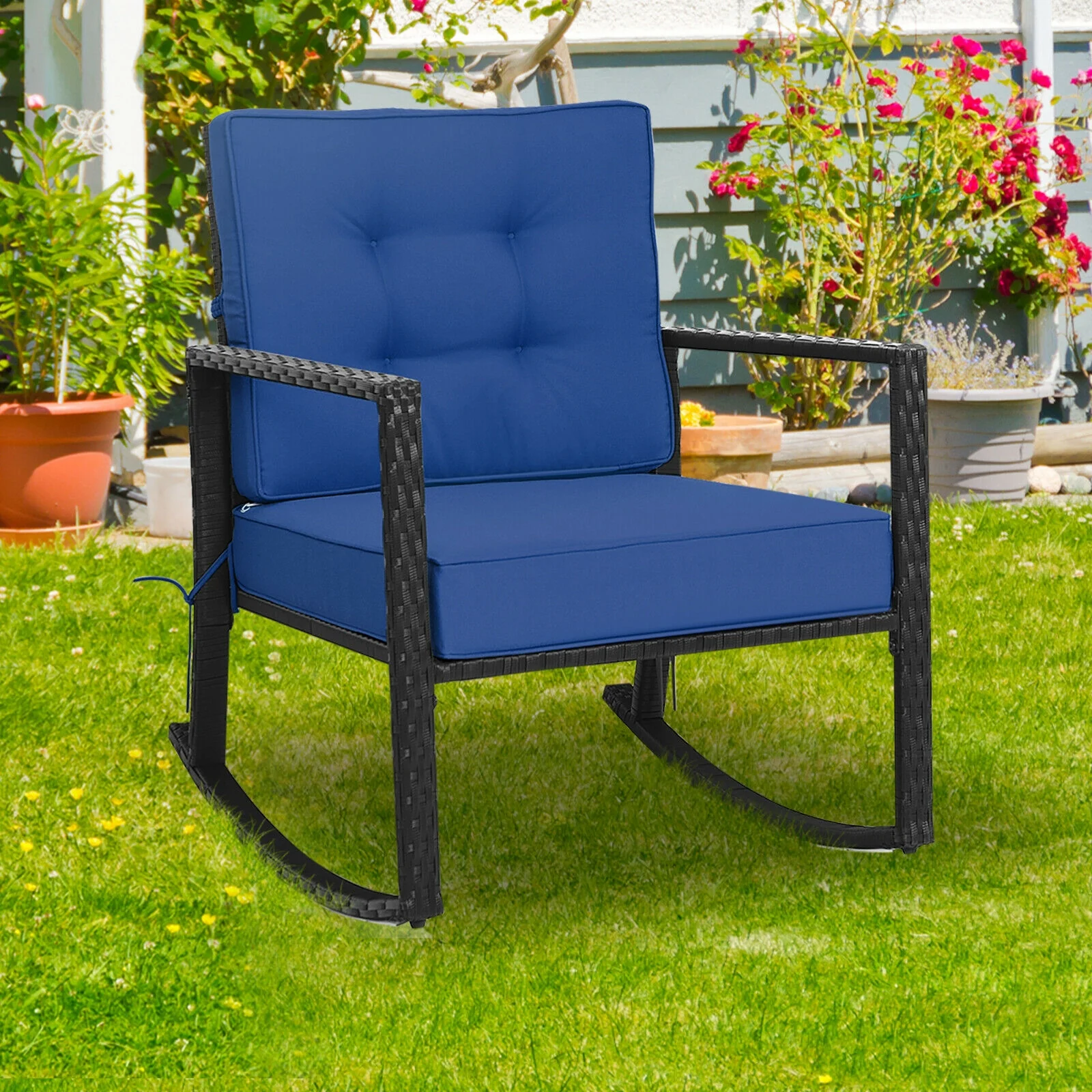 Patio Rattan Rocker Outdoor Glider Rocking Chair, Navy - Image 3