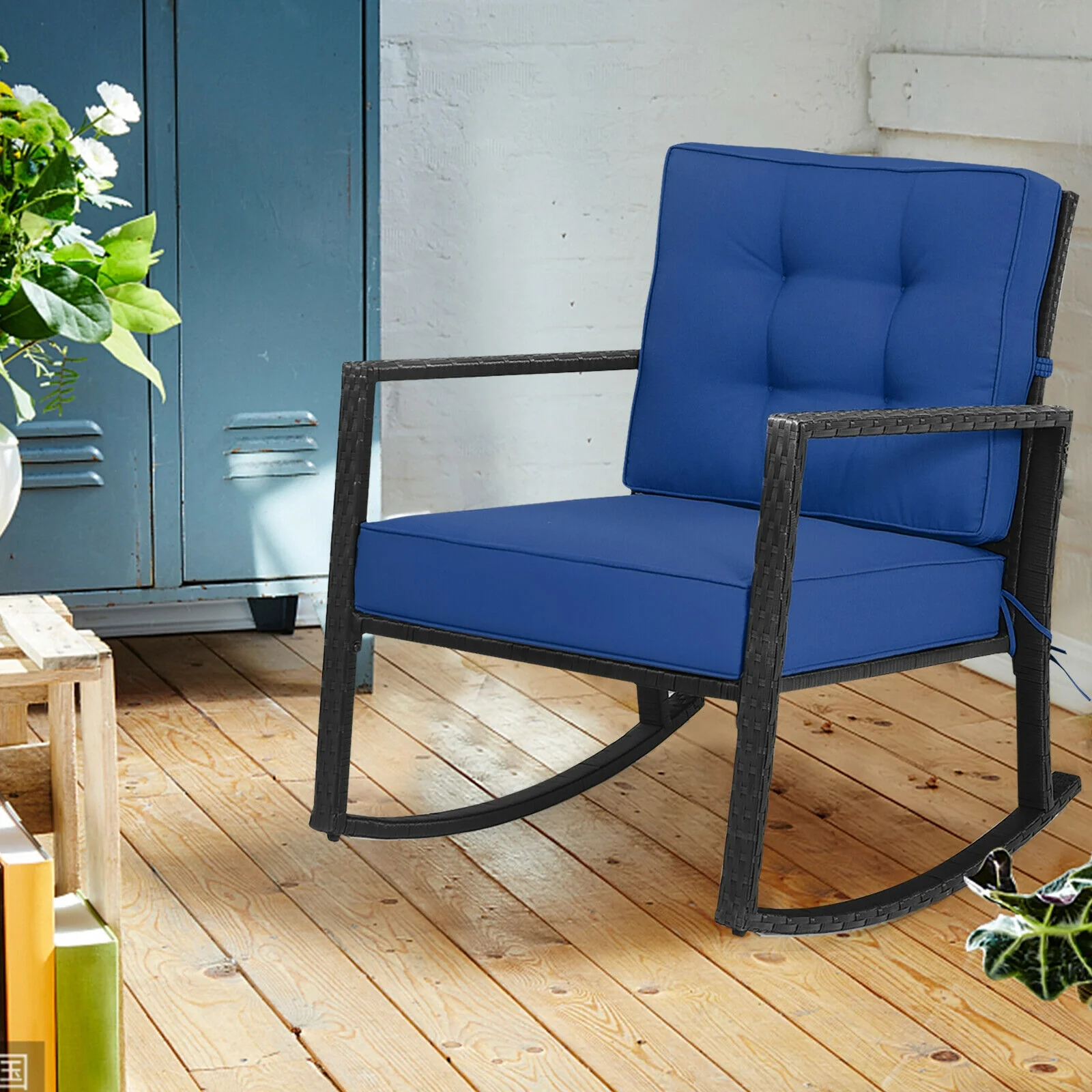 Patio Rattan Rocker Outdoor Glider Rocking Chair, Navy - Image 7