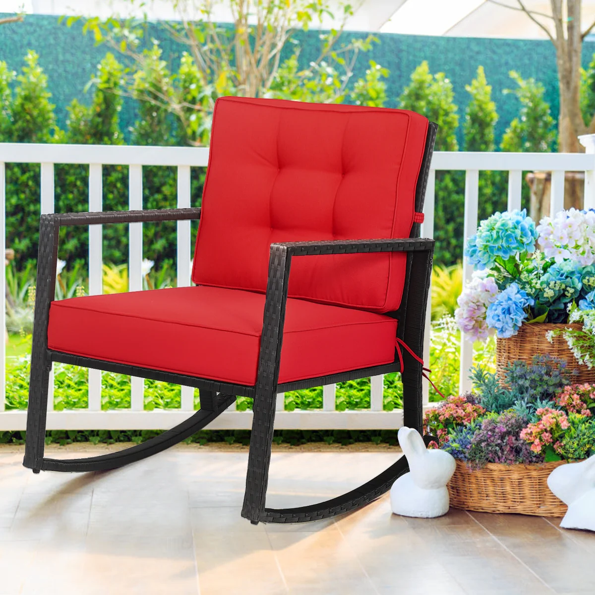 Patio Rattan Rocking Chair, Outdoor Glider, Red - Image 3