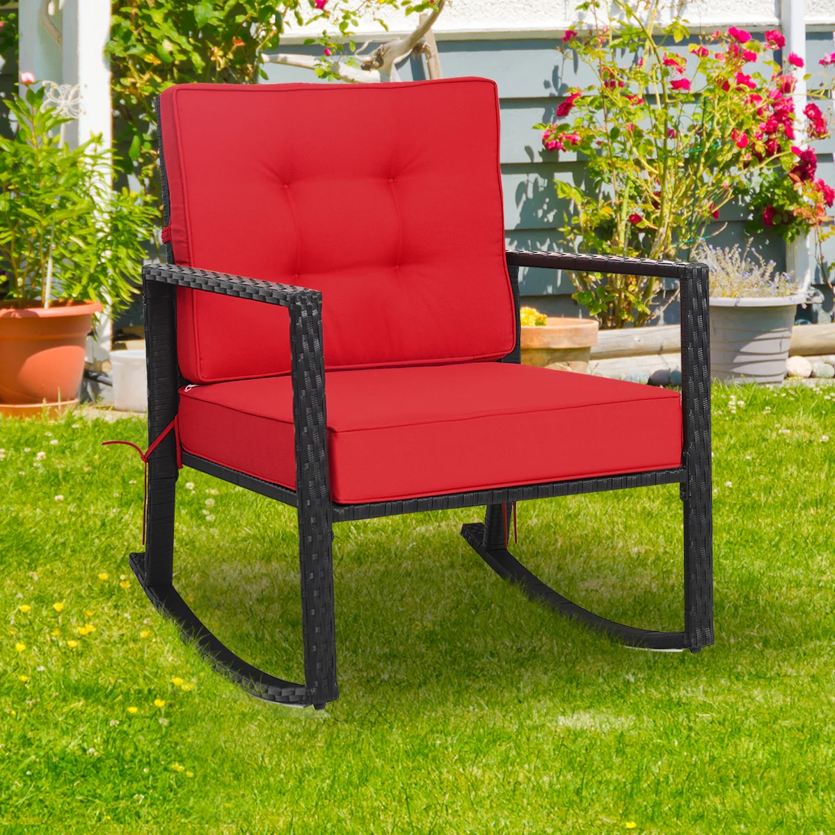 Patio Rattan Rocking Chair, Outdoor Glider, Red - Image 8