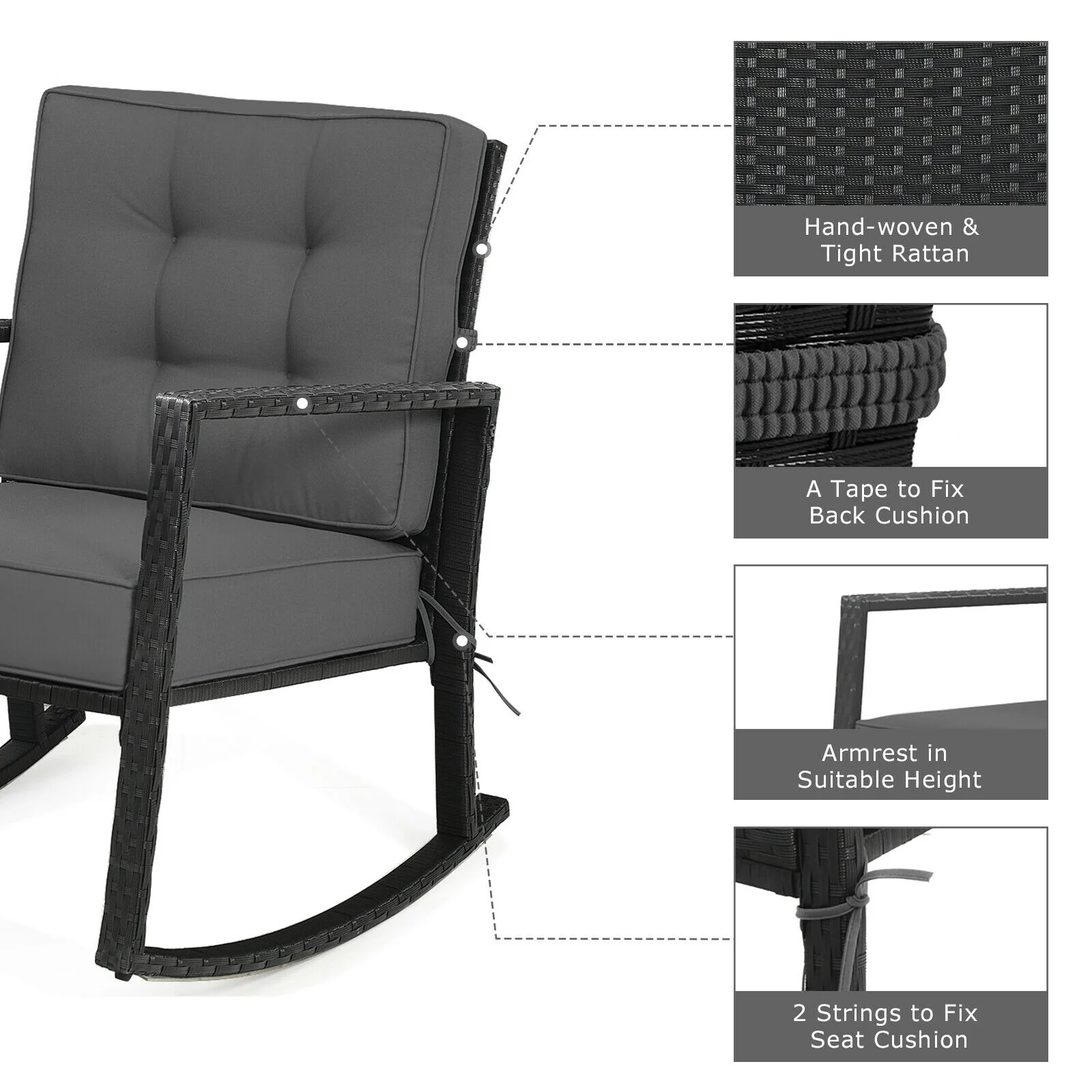 Patio Rattan Rocking Chair, Outdoor Glider With Cushion, Gray - Image 10