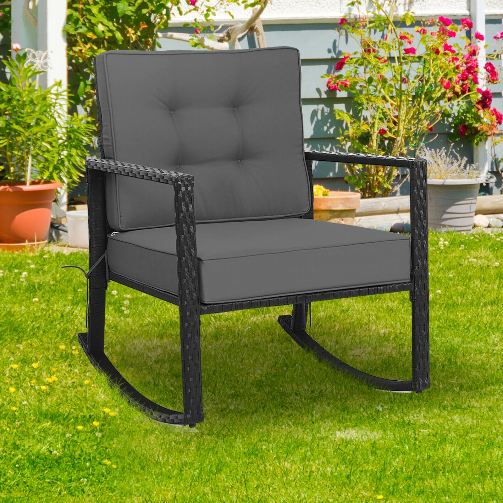 Patio Rattan Rocking Chair, Outdoor Glider With Cushion, Gray - Image 3