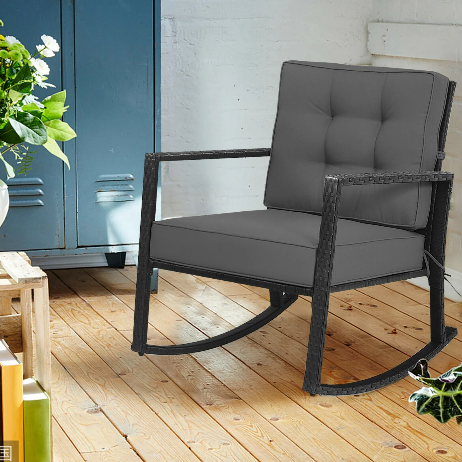Patio Rattan Rocking Chair, Outdoor Glider With Cushion, Gray - Image 7