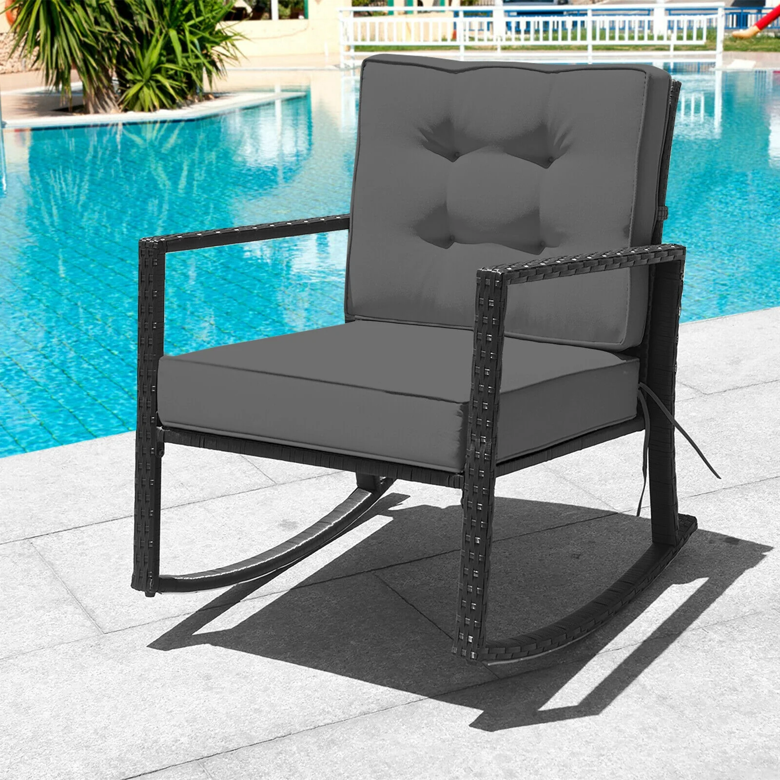 Patio Rattan Rocking Chair, Outdoor Glider With Cushion, Gray - Image 8