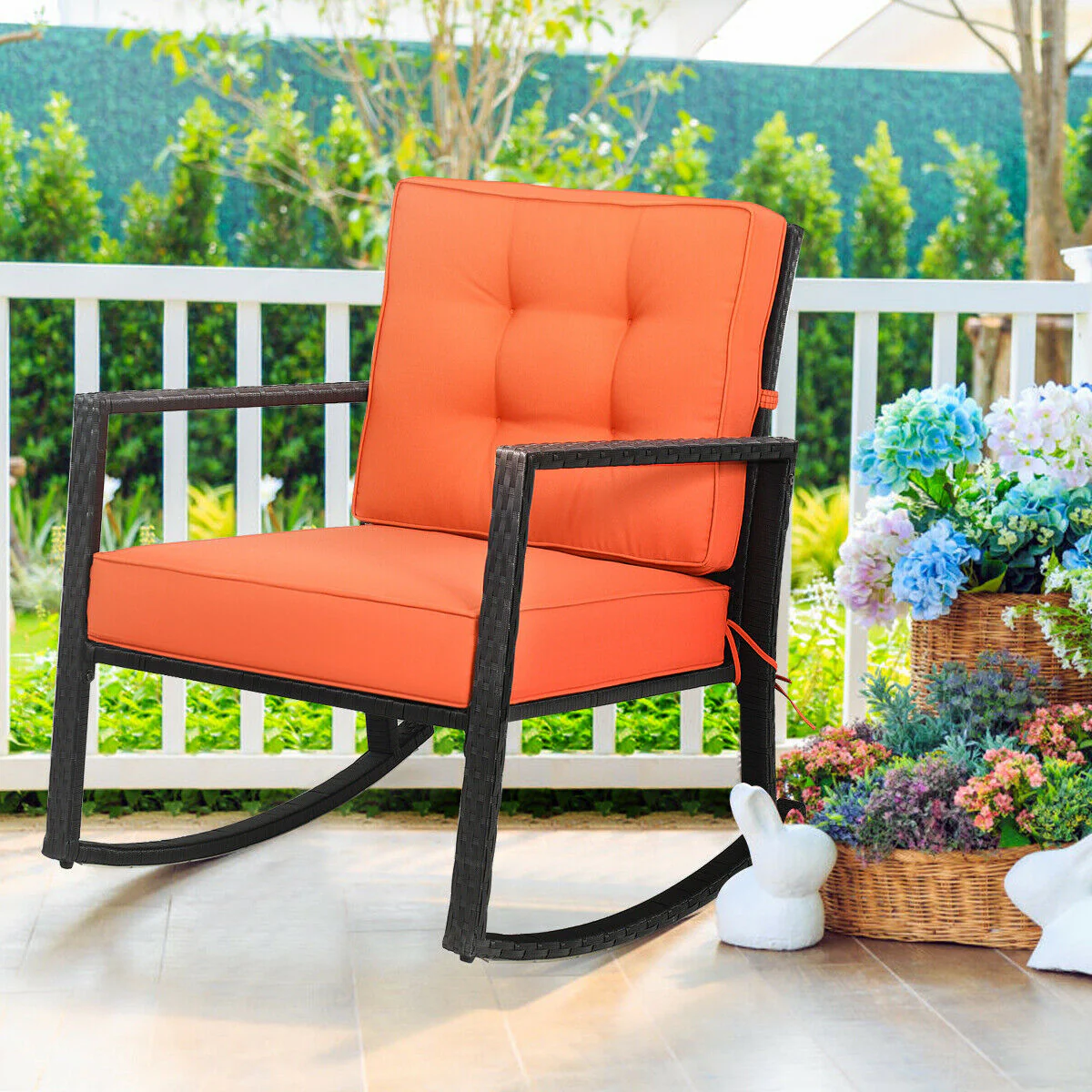 Patio Rattan Rocking Chair, With Cushion, Orange - Image 3