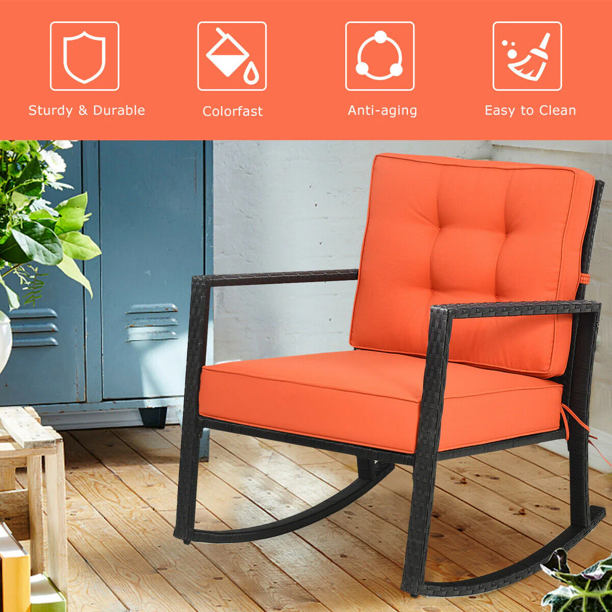 Patio Rattan Rocking Chair, With Cushion, Orange - Image 4