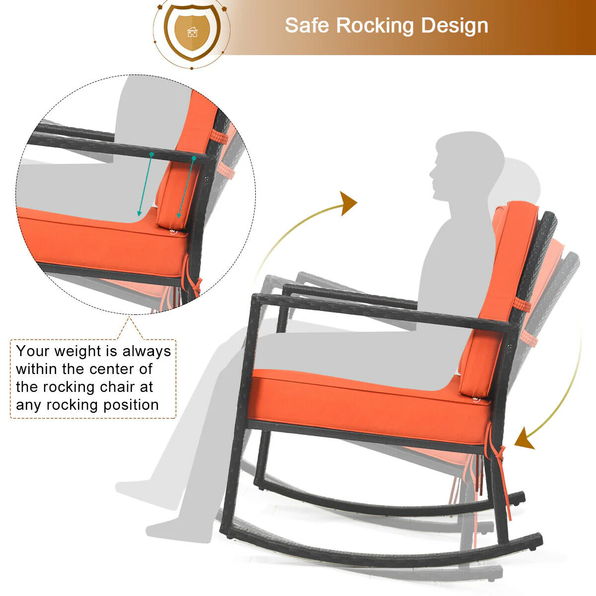 Patio Rattan Rocking Chair, With Cushion, Orange - Image 6