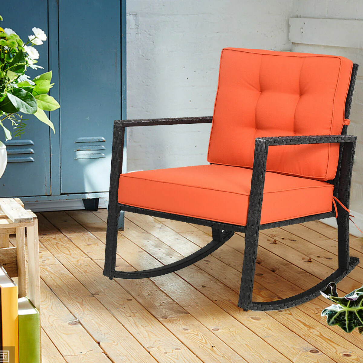 Patio Rattan Rocking Chair, With Cushion, Orange - Image 7