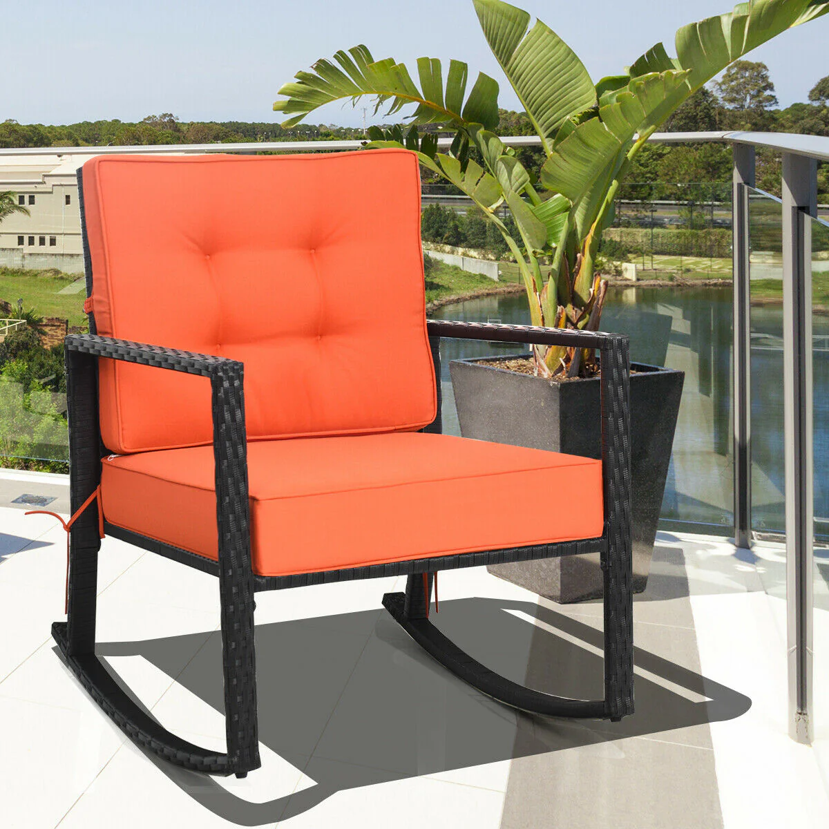 Patio Rattan Rocking Chair, With Cushion, Orange - Image 8