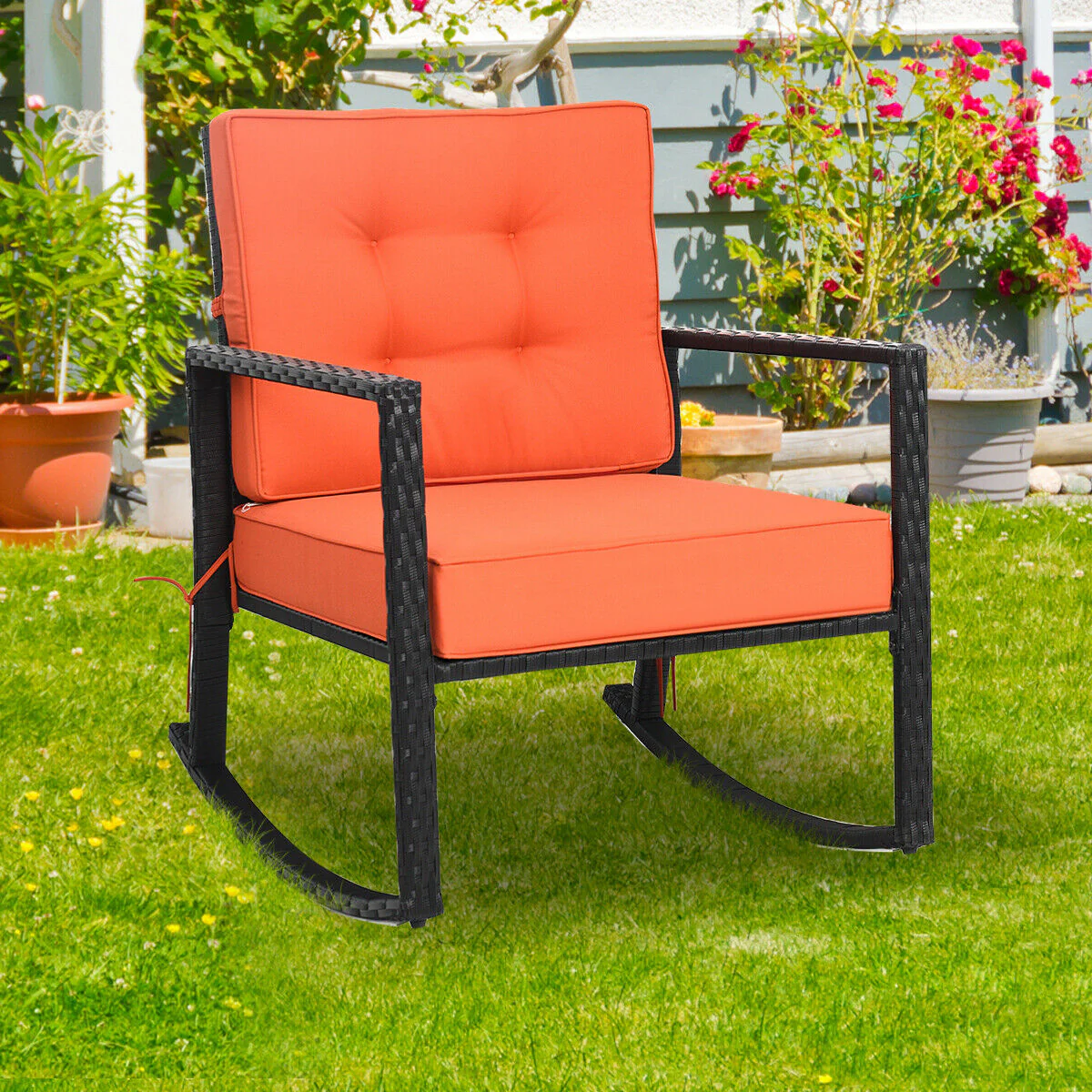 Patio Rattan Rocking Chair, With Cushion, Orange - Image 9