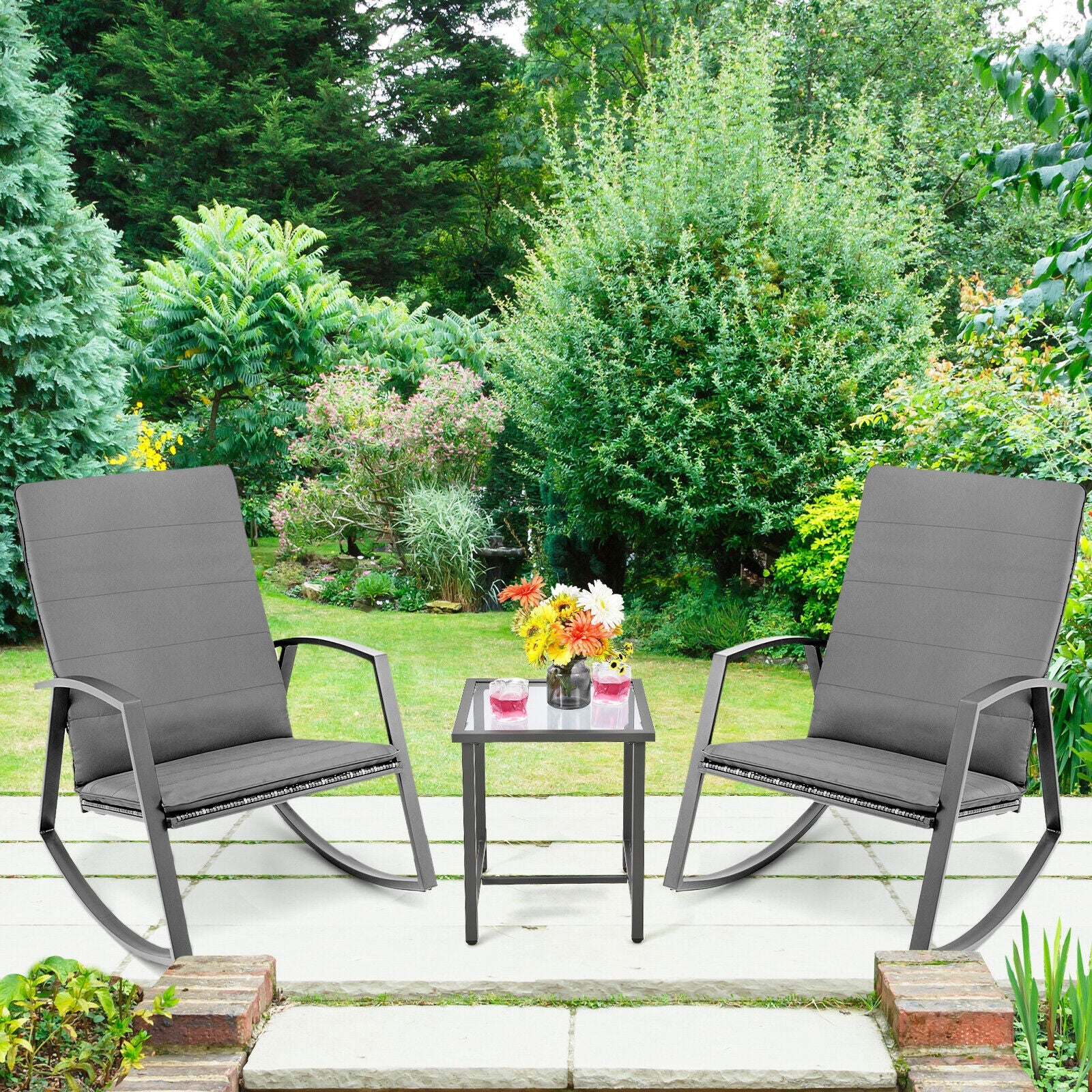 Patio Rattan Rocking Furniture Set, 3 Pieces, Gray - Image 2