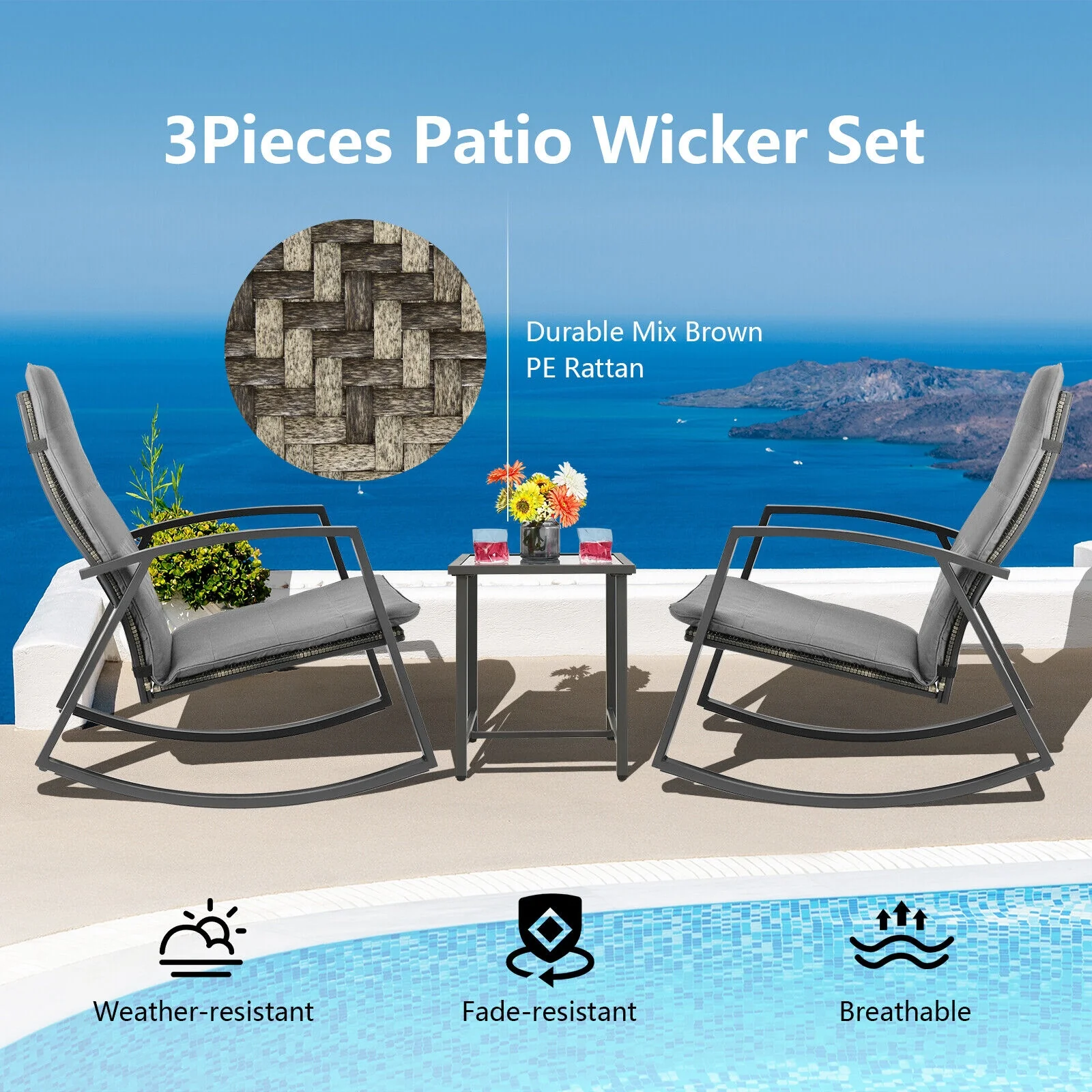 Patio Rattan Rocking Furniture Set, 3 Pieces, Gray - Image 4
