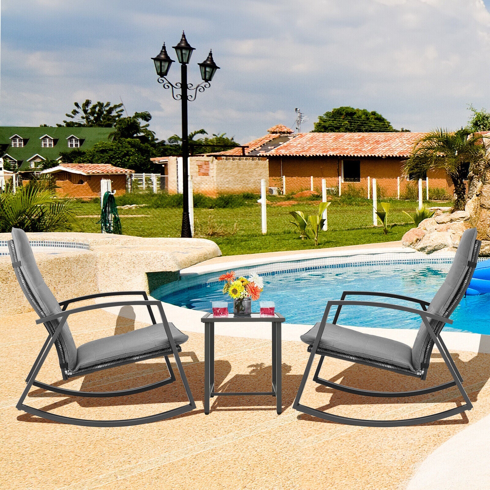 Patio Rattan Rocking Furniture Set, 3 Pieces, Gray - Image 7