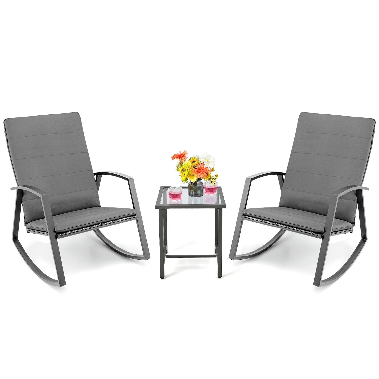 Patio Rattan Rocking Furniture Set, 3 Pieces, Gray - Image 8
