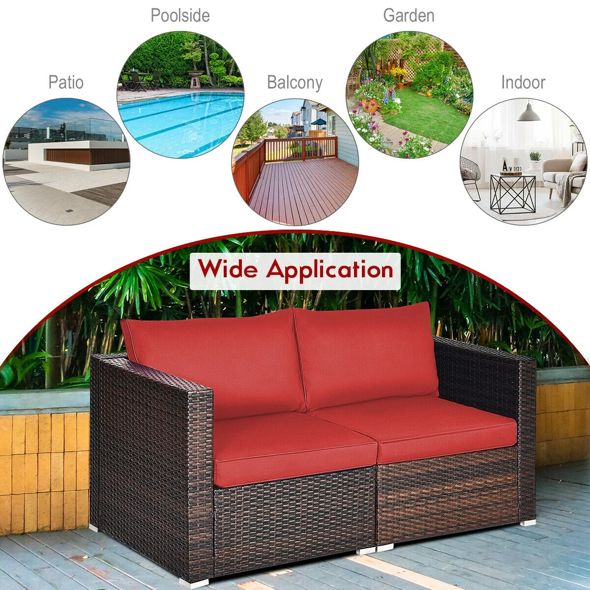 Patio Rattan Sectional Conversation Sofa Set, 2 Pieces, Red - Image 3
