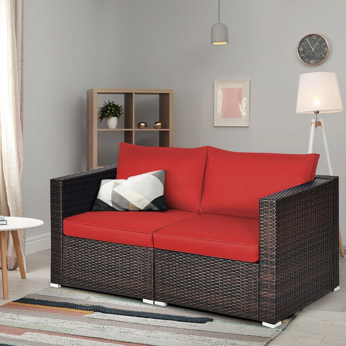 Patio Rattan Sectional Conversation Sofa Set, 2 Pieces, Red - Image 8