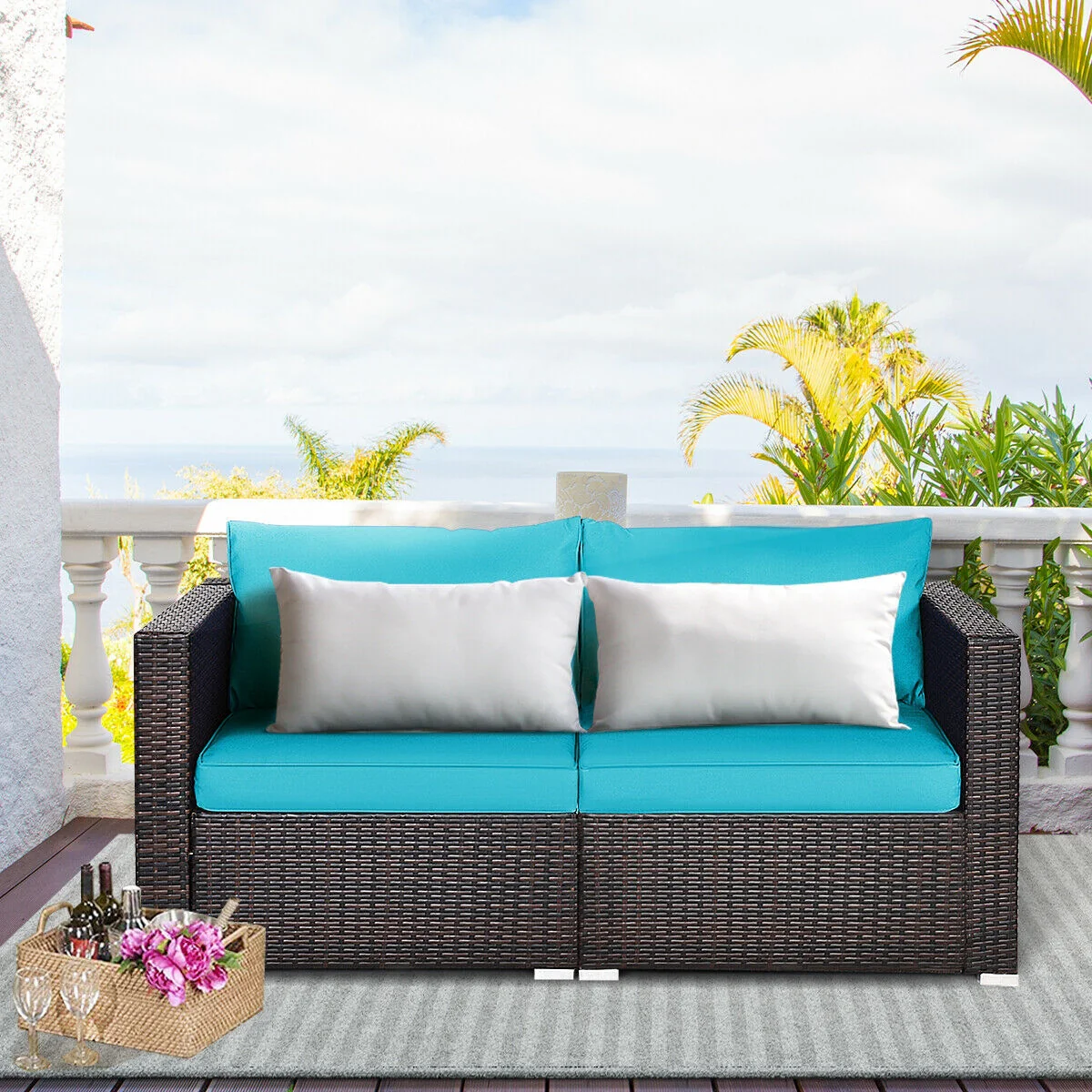 Patio Rattan Sectional Conversation Sofa Set, Blue - Image 2